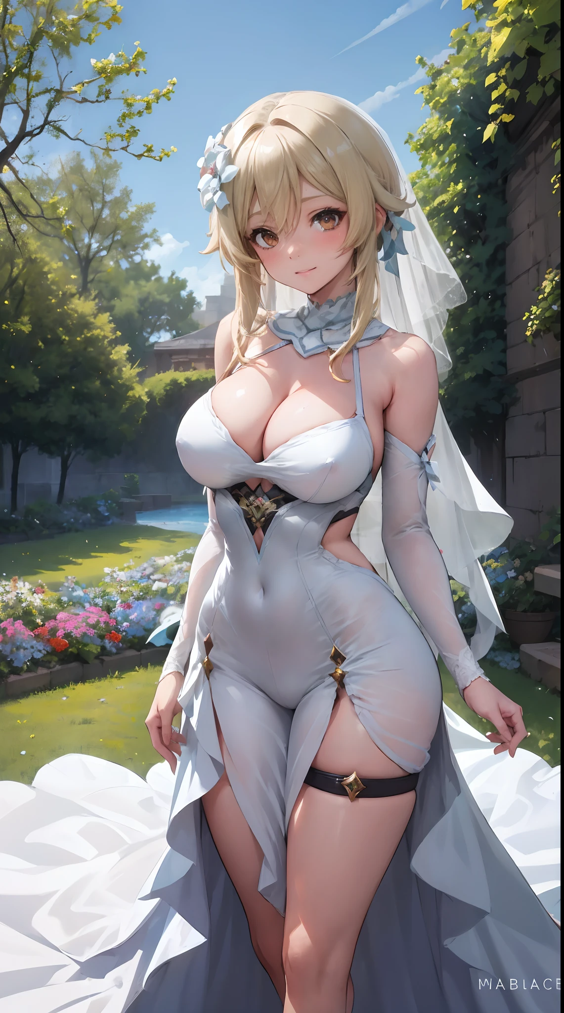 Lumine | genshin impact, master-piece, bestquality, 1girls,25 years old, proportional body, proportional., Wedding Dresses, White Wedding Dress, wedding, gigantic breasts, ,bara, choker, Standing in the middle of a flower garden, outdoor, The sky is beautiful, arm behind back, View viewers from the front., Thigh strap, Head tilt, bored, 10, 10, HD, slight smile,