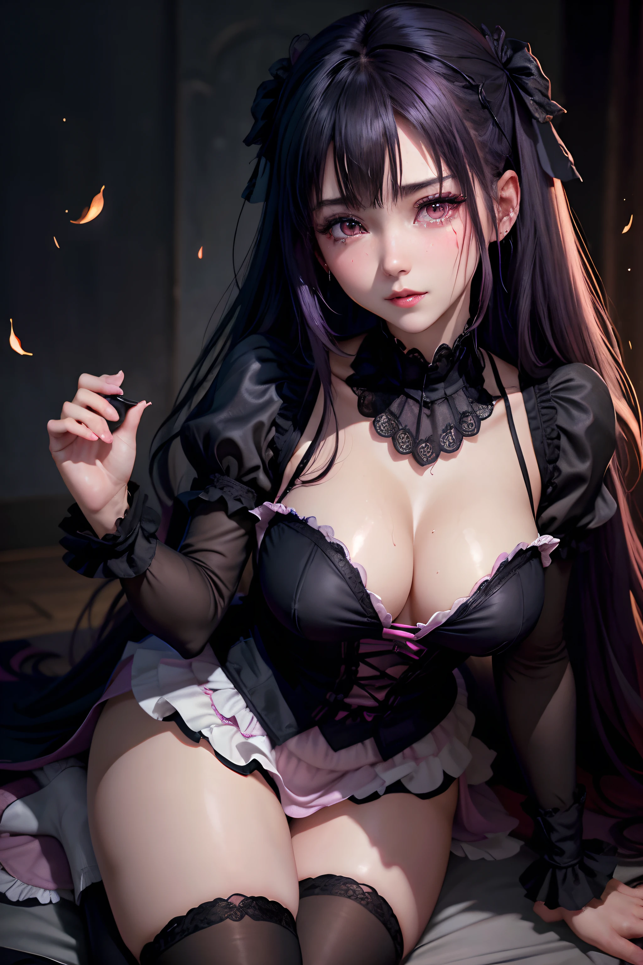 A sexy、A slight smil、garterbelts、knee high socks、panthyhose、Beautifying the world、Unhappy、Lament my night's fantasy、Transcendent beauty、Beautiful shape、wretched、ghosts、wraiths、Evil Spirit、Beautiful、boredom、Unusual beauty、Bewitching、Fornication、Hard Dark Gothic Makeup、Maniacal、Deep night sky、horor、twin-tail hair、Black Dark Eyeshadow、slaves、crying how bright、mourn、Sad songs、Good skin luster、Lace pink、Long hair straight hair、Dark Gothic Makeup、Dark smile、Restless Palace、Expressions of sexual arousal、Fragrant beauty、18year old、carriage、Lying、seductiv、 Strong sexual pleasure facial expressions、A look of shame、open the legs widely、Dark Gothic、Gothic ta、Dark purple hair、masturbation、bell sleeves、Wizard Sleeve、Obscene look、Stained glass background、masutepiece、Best Quality、Ultra-detailed、Refers to 5 books、Sweat glitters on my chest、Glitter of sweat on your face、Massive sweat glitter on the thighs、Expression of sexual pleasure in anguish、Sweating profusely、Quite an inebriated face、maid clothes、Gothic Long Dress、Black ruffled skirt、Apply blush on cheeks、Pink atmosphere、Pink hair、bewitching poses、Nasty poses、