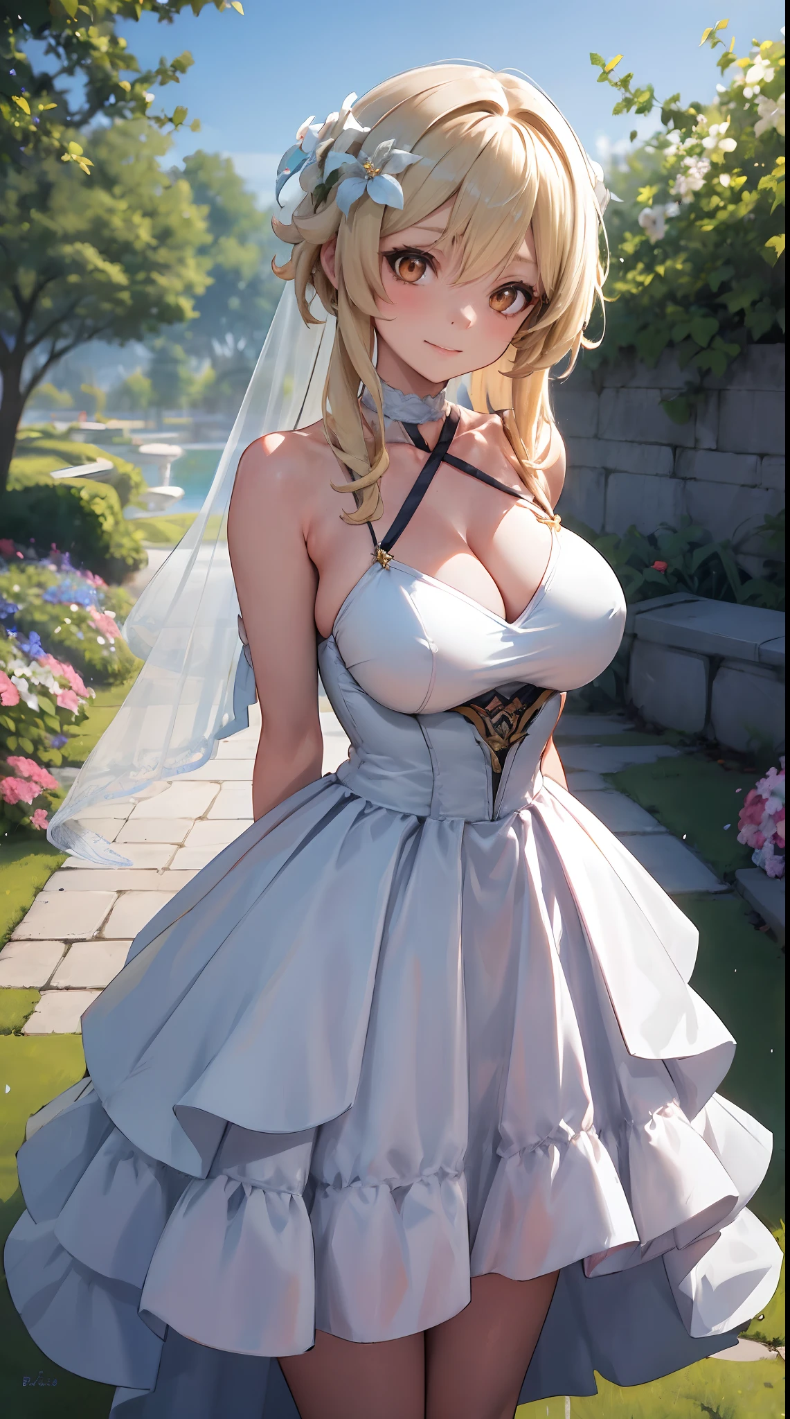 Lumine | genshin impact, master-piece, bestquality, 1girls,25 years old, proportional body, proportional., Wedding Dresses, White Wedding Dress, wedding, gigantic breasts, ,bara, choker, Standing in the middle of a flower garden, outdoor, The sky is beautiful, arm behind back, View viewers from the front., Thigh strap, Head tilt, bored, 10, 10, HD, slight smile,