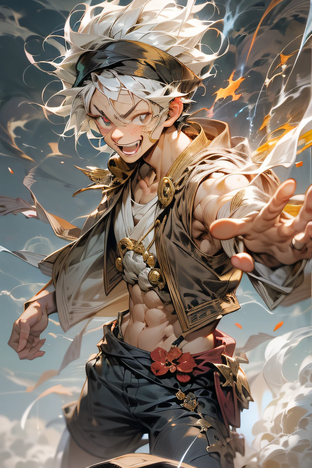 Luffy 1boy with a happy smile, white hair, long hair, flying pose, huge burn mark in the chest, white color, detailed body, top-quality, A high resolution, (reality: 1.4), Forward-facing body, (A hyper-realistic), (high resolution), (8K), (highly detailed), ( Best Illustration), (detailed eyes), (ultra-detailliert), Bright lighting, Professional Lighting, with smoke comes out from his body., lightning in his hand, The background thunder clouds and lightning.