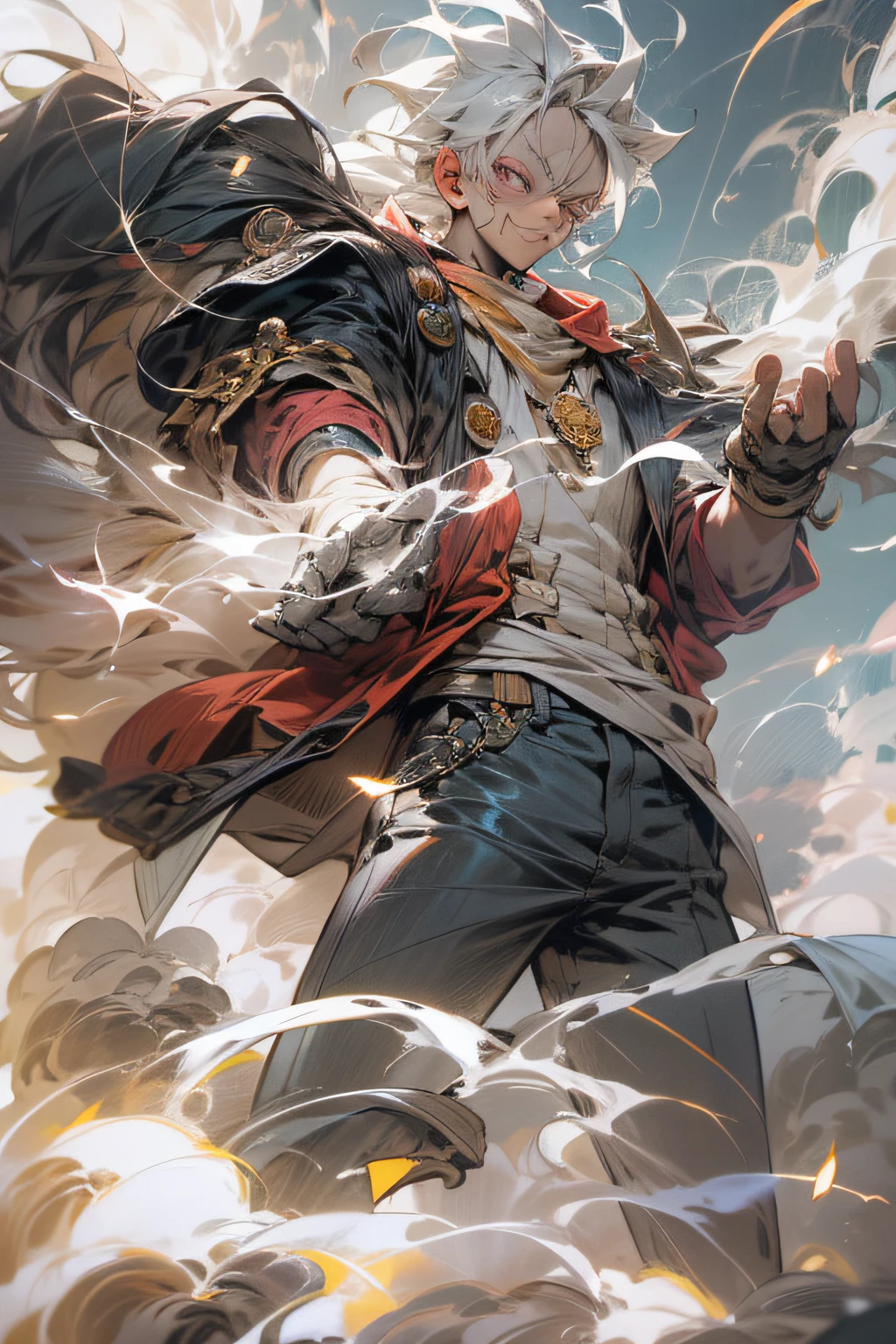 Luffy 1boy with a happy smile, white hair, long hair, flying pose, huge burn mark in the chest, white color, detailed body, top-quality, A high resolution, (reality: 1.4), Forward-facing body, (A hyper-realistic), (high resolution), (8K), (highly detailed), ( Best Illustration), (detailed eyes), (ultra-detailliert), Bright lighting, Professional Lighting, with smoke comes out from his body., lightning in his hand, The background thunder clouds and lightning.