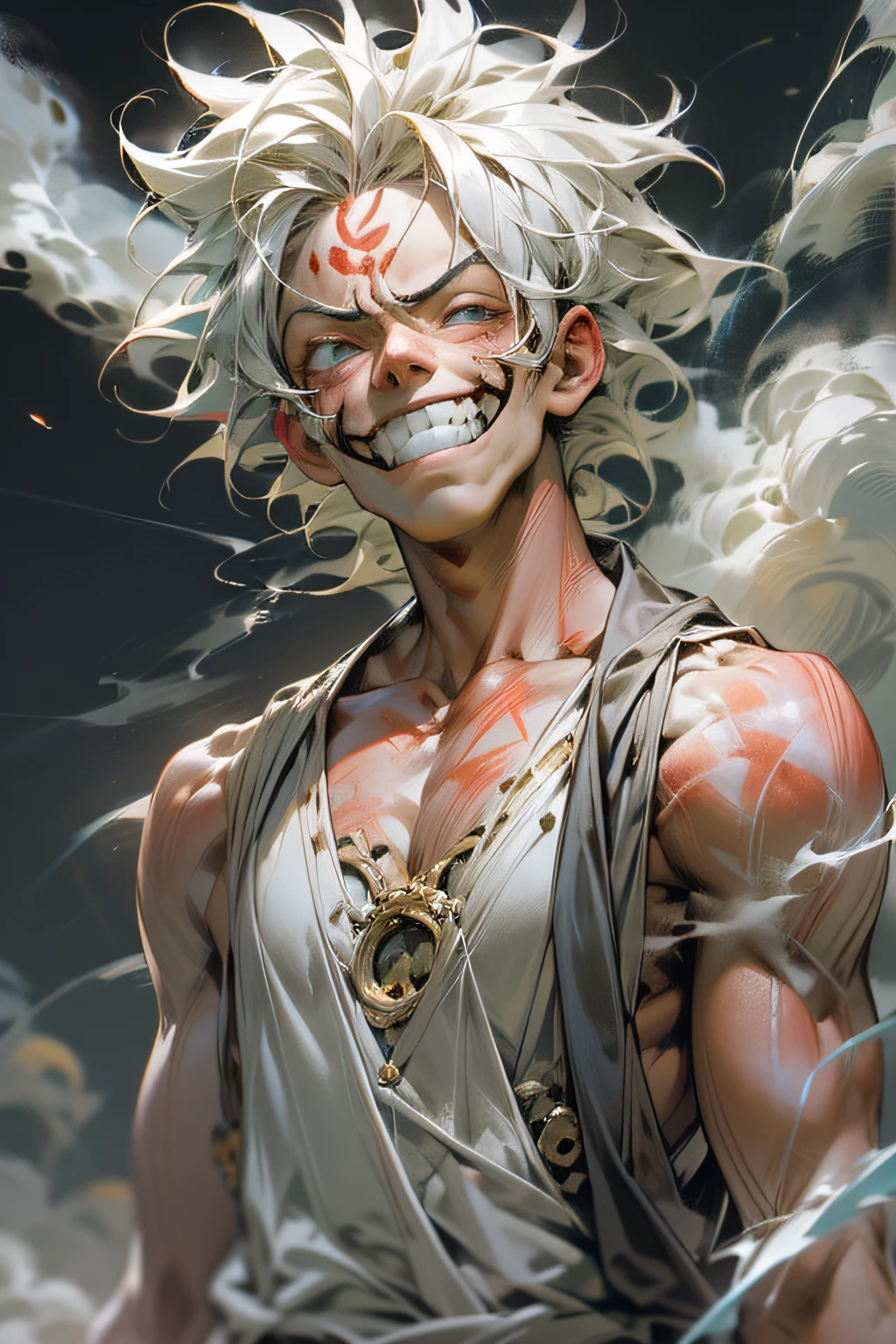 Luffy 1boy with a happy smile, white hair, long hair, flying pose, huge burn mark in the chest, white color, detailed body, top-quality, A high resolution, (reality: 1.4), Forward-facing body, (A hyper-realistic), (high resolution), (8K), (highly detailed), ( Best Illustration), (detailed eyes), (ultra-detailliert), Bright lighting, Professional Lighting, with smoke comes out from his body., lightning in his hand, The background thunder clouds and lightning.