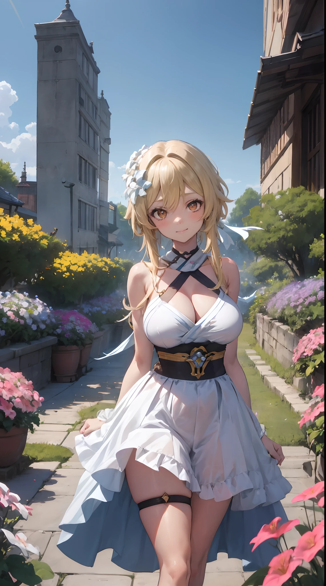 Lumine | genshin impact, master-piece, bestquality, 1girls,25 years old, proportional body, proportional., long-haired, Wear Hanbok, gigantic breasts, ,bara, choker, Standing in the middle of a flower garden, outdoor, The sky is beautiful, arm behind back, against wall, View viewers from the front., Thigh strap, Head tilt, bored, 10, 10, HD, slight smile,