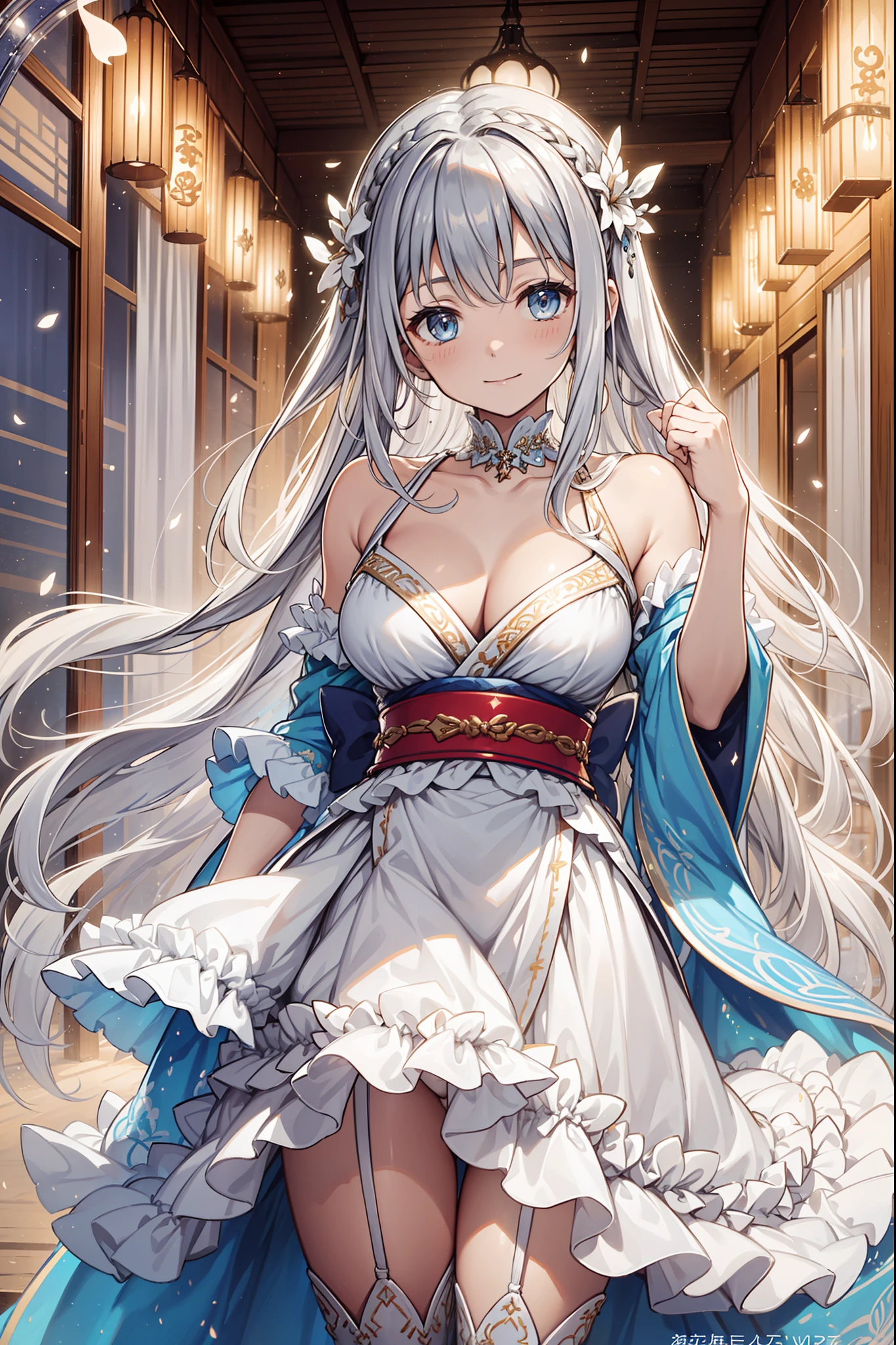 saints,divino,having fun,salvador,(Light white translucent dress:1.2),White suspender boots,(Silvery hair:1.2),eBlue eyes,(Headdress of the saint),Light blue cloth,Maximalism,Ruffles,Lace,Delicate embroidery,Delicate pattern,(exquisite costumes),see-through transparent clothes,The background is inside a Japanese-style garden,glittery,Shine,the night,solo person,Fluttering skirt,Beautiful detailed face,