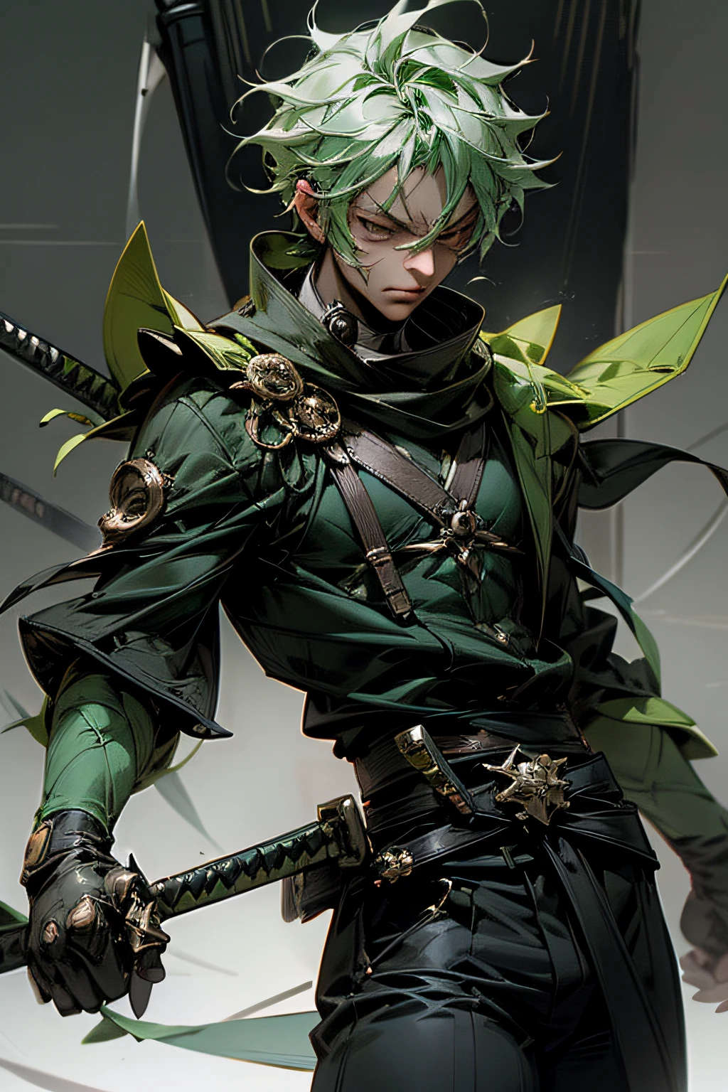 roronoa zoro male with 3 swords, realistic outfit green, polished, detailed body, detailed face, Detailed eye, Swollen eyes, top-quality, A high resolution, (reality: 1.4), Forward-facing body, (A hyper-realistic), (high resolution), (8K), (highly detailed), ( Best Illustration), (detailed eyes), (ultra-detailliert), Bright lighting, Professional Lighting、The background is a mecha lab.、The cord is connected from the costume, hair color green,