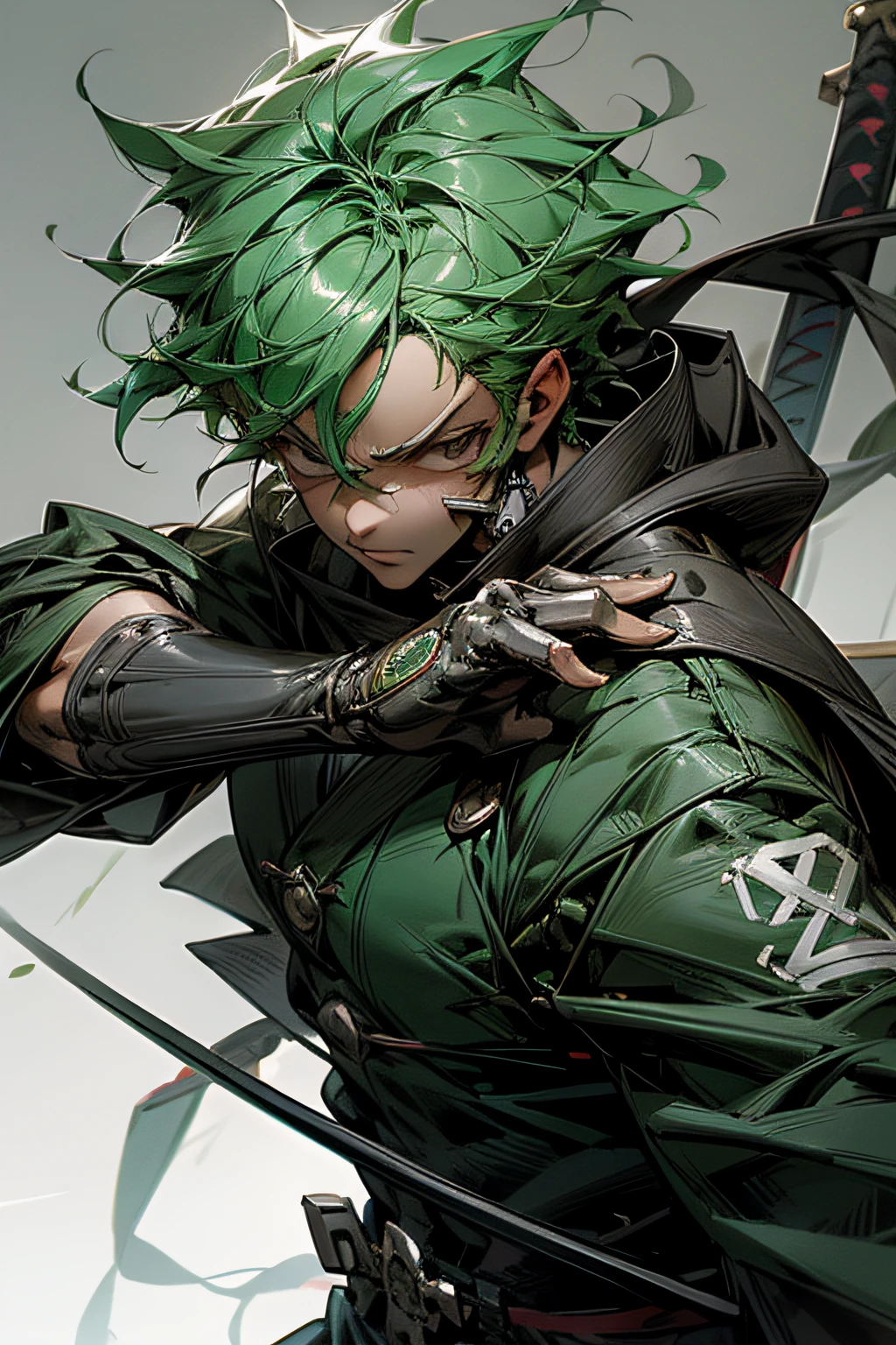 roronoa zoro male with 3 swords, realistic outfit green, polished, detailed body, detailed face, Detailed eye, Swollen eyes, top-quality, A high resolution, (reality: 1.4), Forward-facing body, (A hyper-realistic), (high resolution), (8K), (highly detailed), ( Best Illustration), (detailed eyes), (ultra-detailliert), Bright lighting, Professional Lighting、The background is a mecha lab.、The cord is connected from the costume, hair color green,