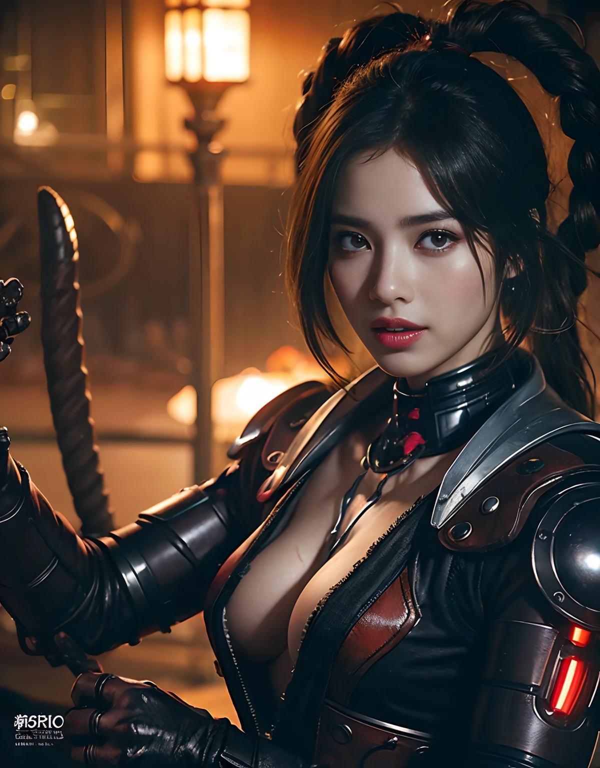 (1 Mechanical Girl)、top-quality、masterpiece、超A high resolution、(Photorealsitic:1.4)、Raw photo、女の子1人、Fight mutants、glowy skin、(((1 Mechanical Girl)))、With a beautiful knife、(Yellow Metal Bodysuit)、(Kobold、ogre、Fierce battle with orcs),(Fight fiercely against aliens)、Fight fiercely、(beautiful forest background)、(Fighting Demonic Beasts)、(Small LED)、((super realistic details))、portlate、(Strong giant demon beast background),globalillumination、Shadow、octan render、8K、ultrasharp、Colossal tits、Raw skin is exposed in cleavage、metals、Details of complex ornaments、Japan details、highly intricate detail、Realistic light、(Mystical expression),CGSoation Trends、Red Eyes、radiant eyes、Facing the camera、neon details、(Mechanical limbs)、(blood vessels connected to tubes)、Mechanical vertebrae attached to the back、mechanical cervical attaching to neck、(Wires and cables connecting to the head)、Gundam、Small LED、,Mechanical thighs、Toostock、(Hands are also made of machines)、(Attack of the Monster Beasts)、(Wounded in a deadly battle)、