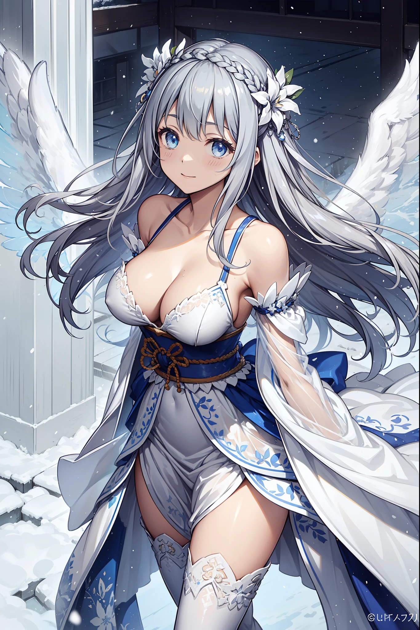 saints,divino,having fun,salvador,(White translucent dress:1.2),Gray thigh boots,(Silvery hair:1.2),eBlue eyes,(Headdress of the saint),Light blue pattern,Light blue edges,Maximalism,Ruffles,Lace,Delicate embroidery,Delicate pattern,(exquisite costumes),see-through transparent clothes,The background is inside a Japanese-style garden,glittery,Shine,Snowflakes flying,(Snowy nights:1.2),solo person,Fluttering skirt,Beautiful detailed face