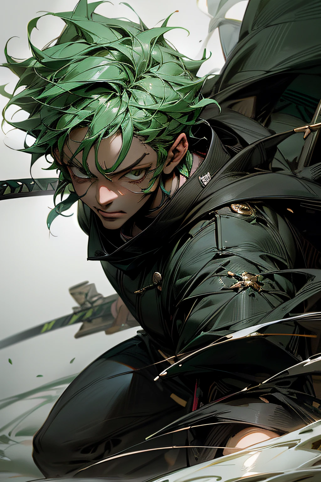 roronoa zoro male with 3 swords, realistic outfit green, polished, detailed body, detailed face, Detailed eye, Swollen eyes, top-quality, A high resolution, (reality: 1.4), Forward-facing body, (A hyper-realistic), (high resolution), (8K), (highly detailed), ( Best Illustration), (detailed eyes), (ultra-detailliert), Bright lighting, Professional Lighting、The background is a mecha lab.、The cord is connected from the costume, hair color green,