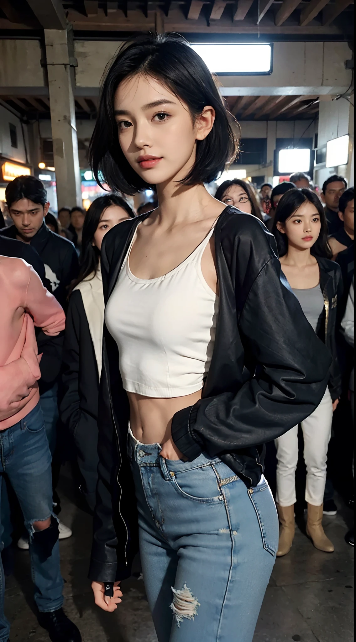 (shoulder length straight short black hair: 1.3), （Extremely meticulous CG 8k wallpaper），（Extremely refined and beautiful），（Masterpiece），（best qualtiy：1.0），（Ultra High Resolution：1.0），beautiful light up，Perfect lightning，realistic shaded，[A high resolution]，Smooth and flawless fair skin，Extremely exquisite facial details，（perfect body：1.1），ultra - detailed，A beautiful girl，small head,(Small breasts:1.1)，Flat chests，slim，thin，Smile，cheerfulness,(black jacket:1.5),(white tank top:1.1),(long denim pants:1.3),Slender legs,(Black military boots:1.2)Dusk,Sunset light,Close Shot,(Surrounded by a crowded crowd:1.5),At the school gate,standing,(Well-cut abdominal muscles:1.2),cowboy shot