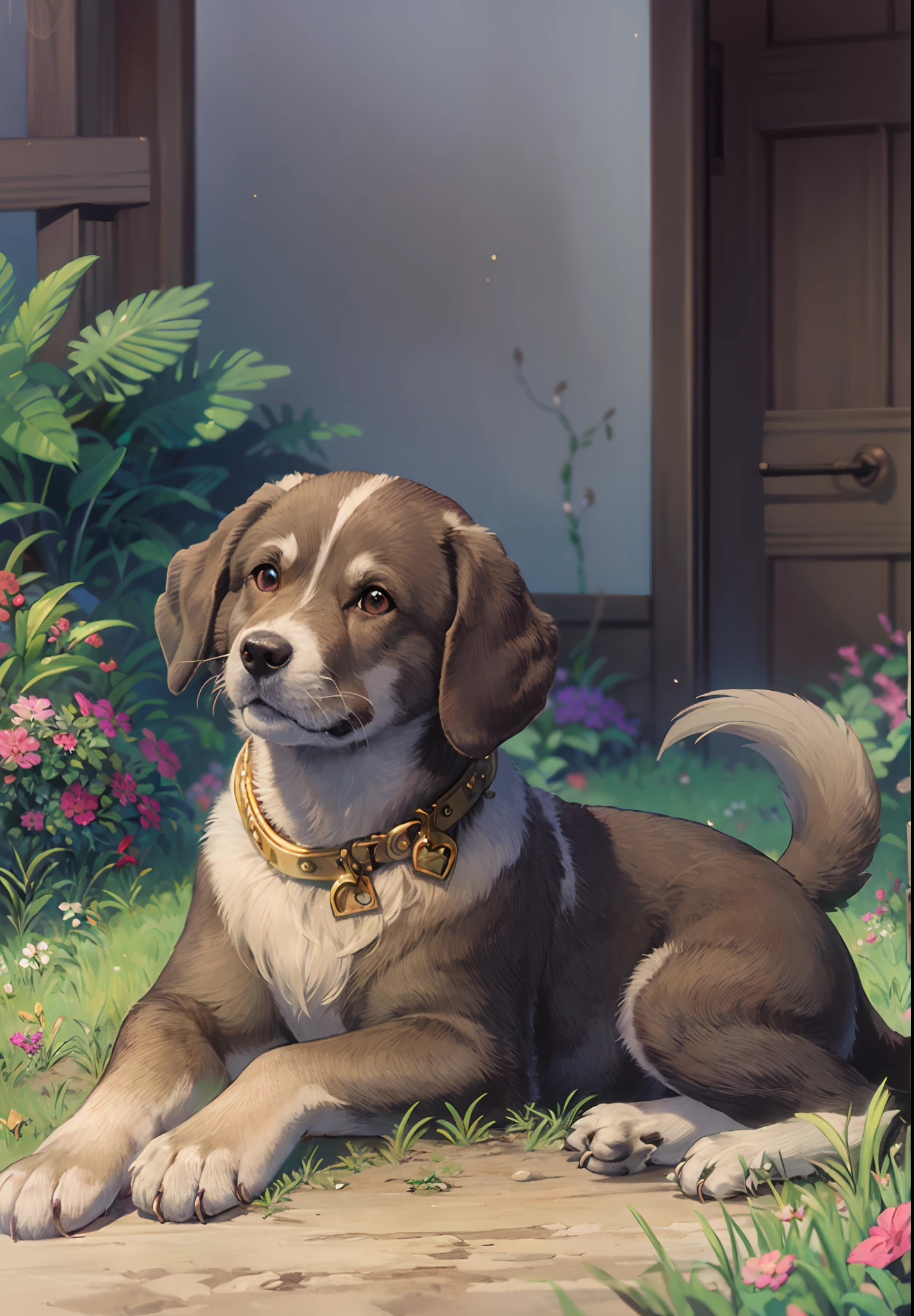 the dog is black, a lot of wool, (in children's pajamas) pink (medium forehead), sitting guarding the golden (golden bone, sparkling), lying on the ground --auto --s2
