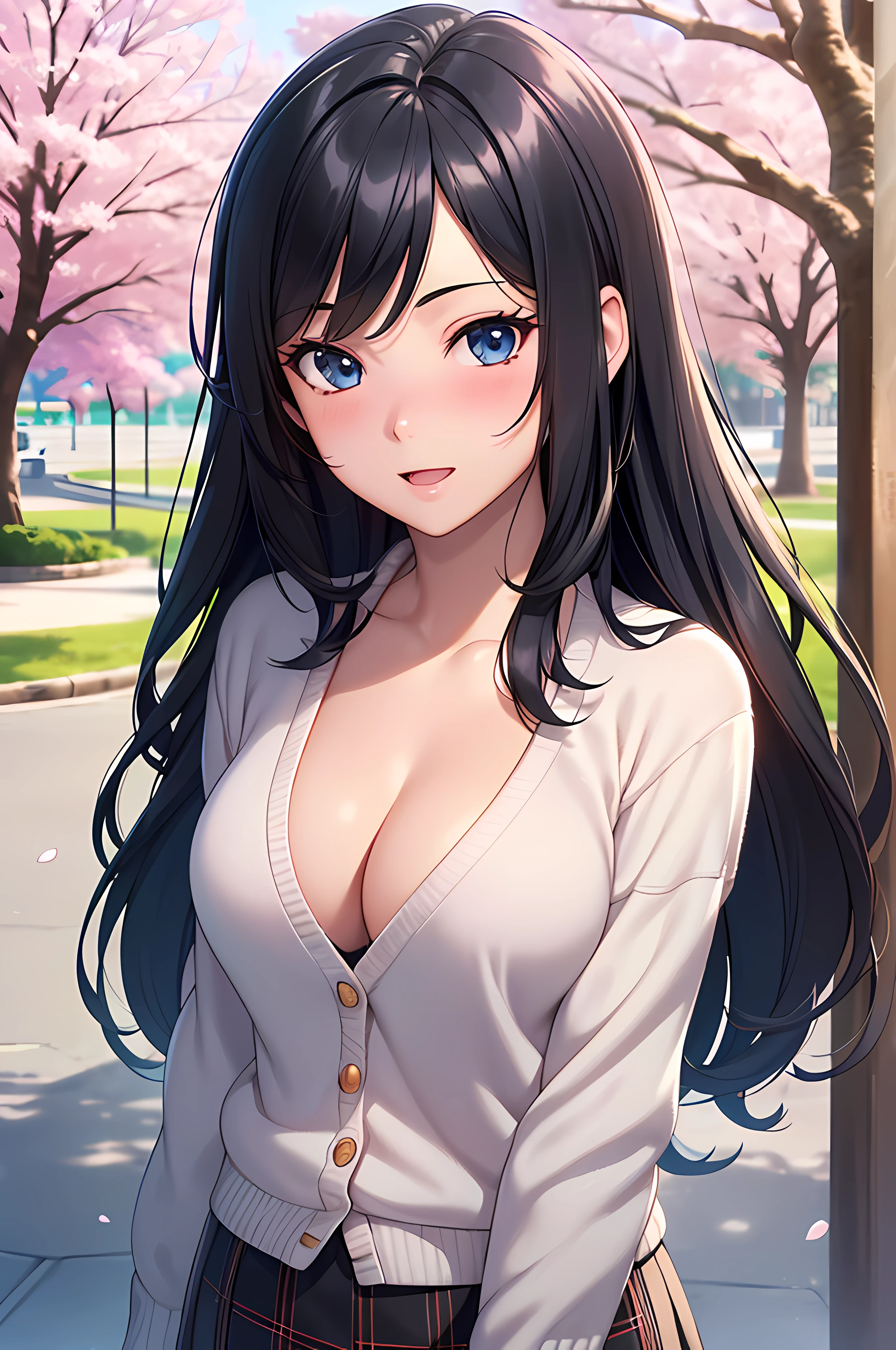((masterpiece, best quality, highres, UHD, perfect pixel, depth of field, 4k, RTX, HDR)), 1girl, single, solo, beautiful anime girl, official art, beautiful artstyle, anime character, ((long hair, parted bangs, black hair)), (rounded eyes, beautiful eyelashes, realistic eyes), (detailed face, blushing:1.2), (smooth texture:0.75, realistic texture:0.65, photorealistic:1.1, anime CG style), medium breasts, cleavage:0.9, pov, looking to viewer, perfect body, (white sweater, cardigan), ((black skirt:1.5, plaid skirt)), sly smile, open mouth, amusement park, outdoor, cherry blossoms