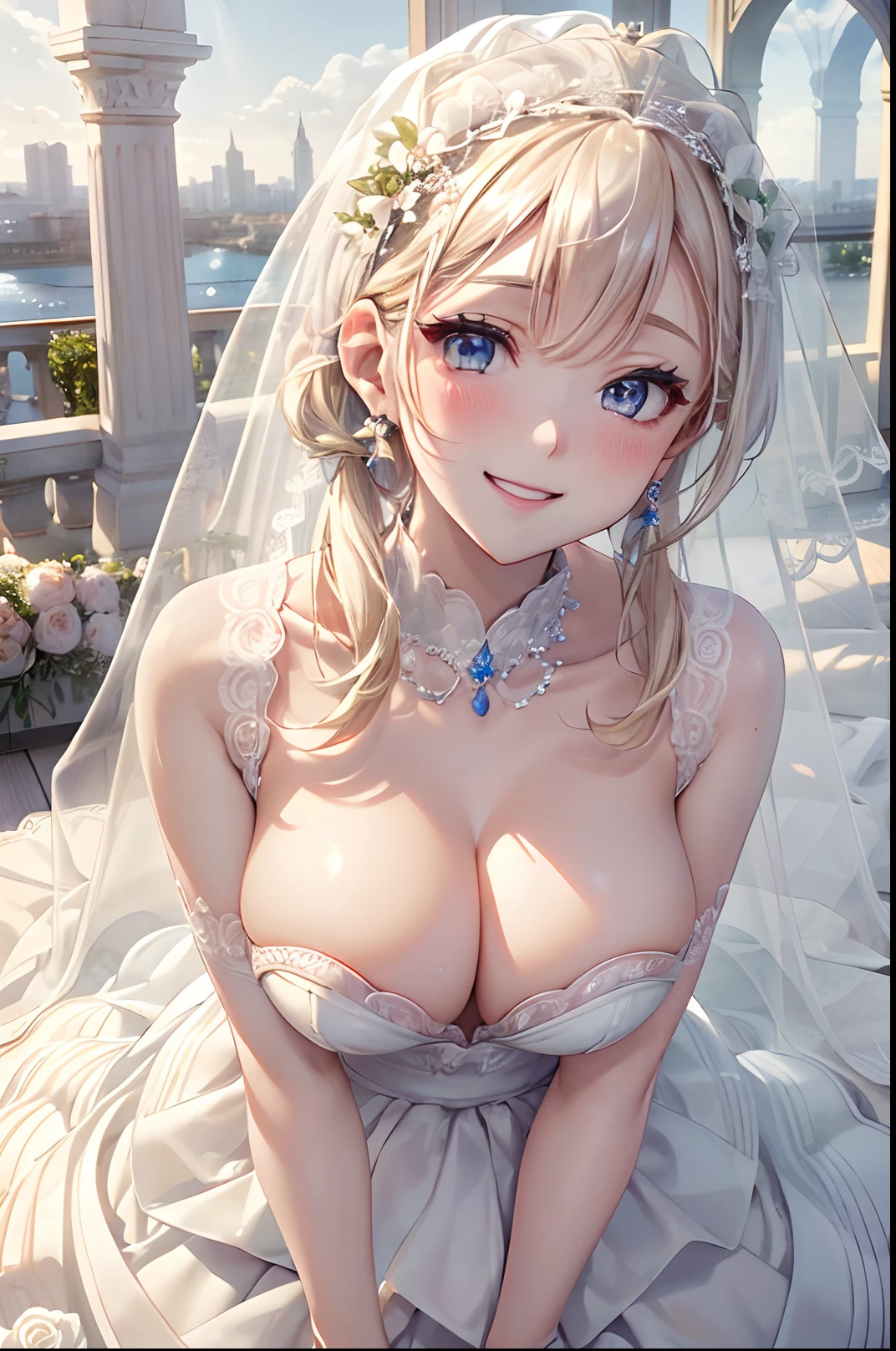 absurderes, (独奏:1.5,)ultra-detailliert,bright colour, extremely beautiful detailed anime face and eyes, view straight on, ;D, shiny_skin,25 years old, Short hair,, asymmetrical bangs, Blonde hair with short twin tails, Shiny hair, Delicate beautiful face, red blush、(Blue eyes), White skin, earrings, Beautiful skyline,(magnificent sky),(Happy smile:1.4),beautiful and delicate eyes,Cute Girly,Perfect slim body,(L'Atelier Mariage Wedding Dress:1.5),(wedding veil:1.3),View of the church,Pure eyes,The skin is smooth like a baby,lakes,(Colorful flowers and plants:1.3),(Full body:1.2)