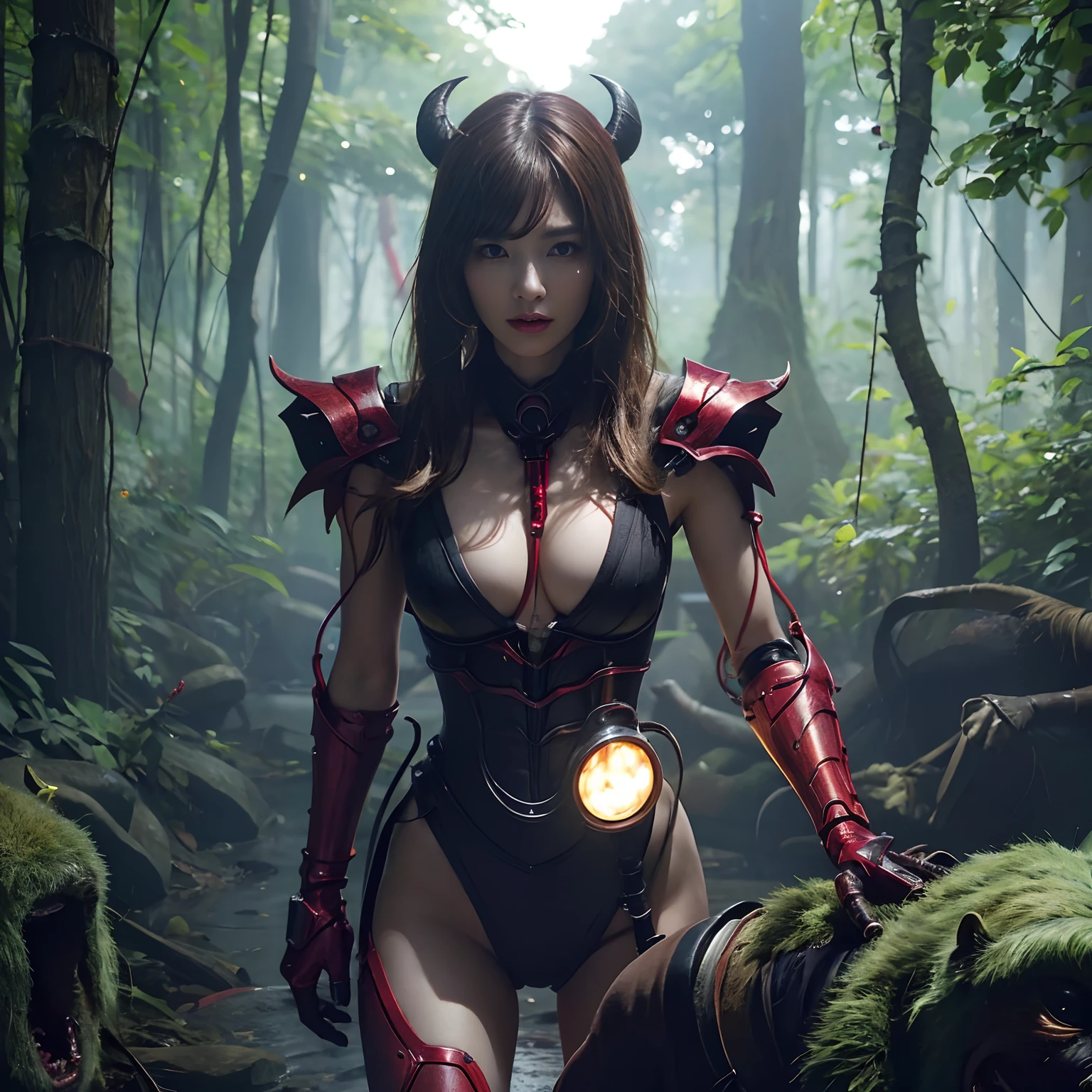 (1 Mechanical Girl)、top-quality、​masterpiece、超A high resolution、(Photorealsitic:1.4)、Raw photo、女の子1人、Fight mutants、glowy skin、(((1 Mechanical Girl)))、With a beautiful knife、（Yellow Metal Bodysuit）、(Kobold、ogre、Fierce battle with orcs),（Fight fiercely against aliens）、Fight fiercely、(beautiful forest background)、(Fighting Demonic Beasts)、(Small LED)、((super realistic details))、portlate、(Strong giant demon beast background),globalillumination、Shadow、octan render、8K、ultrasharp、Colossal tits、Raw skin is exposed in cleavage、metals、Details of complex ornaments、Japan details、highly intricate detail、Realistic light、(Mystical expression),CGSoation Trends、Red Eyes、radiant eyes、Facing the camera、neon details、(Mechanical limbs)、(blood vessels connected to tubes)、Mechanical vertebrae attached to the back、mechanical cervical attaching to neck、(Wires and cables connecting to the head)、Gundam、Small LED、,Mechanical thighs、Toostock、（Hands are also made of machines）、（Attack of the Monster Beasts）、（Wounded in a deadly battle）、