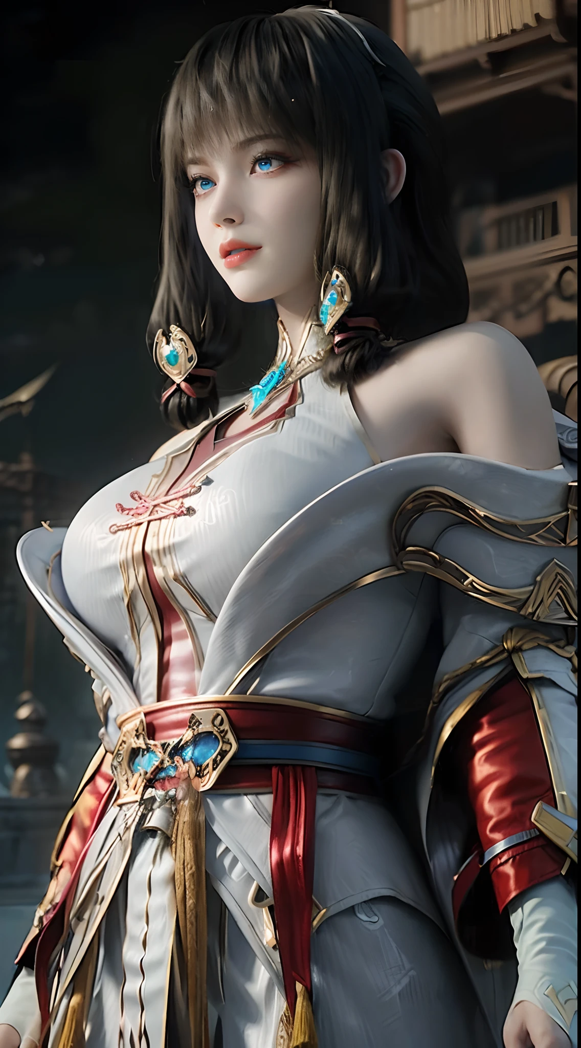 "1 beautiful girl wearing a traditional costume, a long thin light blue dress made of meticulously made silk, deep slit shirt, long hair and silver bangs with a hint of light blue, the most beautiful and detailed hair jewelry, beautiful little face thin eyebrows, the most beautiful and spotless face, ((black iris:0.8)), the very beautiful eyes, big round eyes, ((purple color eyes:1.1)), fine and detailed makeup eyelashes, high nose, wearing earrings, small red lips, rosy face, clean face, beautiful face without blemish, smooth white skin, ((huge breasts:1.2)), Blums boobs, ((huge and super round breasts:0.9)), ((super tight breasts:1.2)), ((breast augmentation: 0.8)), beautiful breasts, slim and petite body, ((thin waist: 0.9)), upper body of a beautiful girl, sexy girl, skirt, 8k photo, super high quality, super realistic, 10x super pixels, photo realistic, dark studio, border light, two tone light, (detailed skin high: 1.2), 8k uhd, dslr, soft light, high quality, volumetric light, candid, Photo, high resolution, light, best photo, 4k quality, 8k, Bokeh, Smooth and sharp, pixel up 10 times, (background space: 1.8), (galaxy: 1.7), aurora, lightning, super graphics, the most realistic graphics,(Aurora Background: 1.8), alone, solo, portrait 9:16, Extremely sharp, super realistic images."