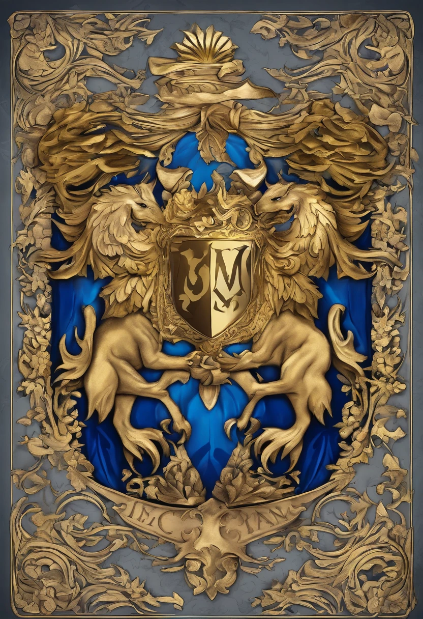 Gold and blue coat of arms with silver background
