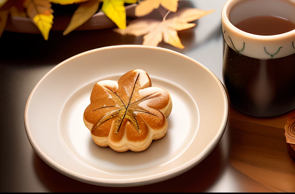 A black plate with maple buns is in the center. A teacup with green tea is served on the right. On the other side of the dish is, Autumn maple leaves are placed. Maple bun is, It is a kind of baked goods with bean paste, Bake dough like castella, has a shape like a maple leaf.