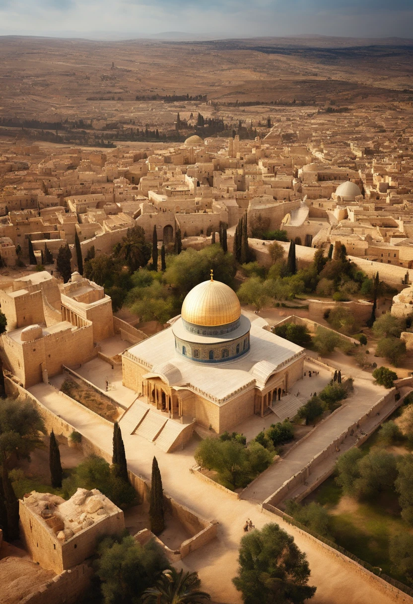 Realistic image of the aerial view of the Temple of Jerusalem from the time of Jesus Christ.