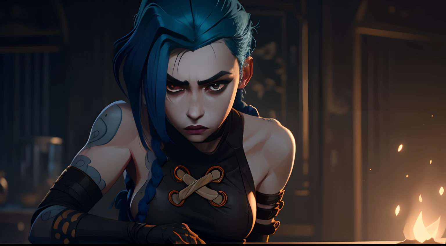 Jinx's character design, sexypose, Erotica, bare breast, teats, Beautiful figure, butt, kitty, Arcane's Jinx, Holding a sparkling and glowing box in his hands, Bright blue and purple sparks all around, glowing eyes, Pink glowing eyes, hairlong, hairsh, braided into long braids, Pigtails hang below the knee, Hair color changes from bright blue to navy blue, Dressed in brown breeches, Leather boots on the feet, Top with four gold circles on the chest in the middle of the chest, Blue cloud tattoos on shoulders and waist, Long bangs, hanging on the right side, Belt with cartridges on the belt, A pistol in a holster on his left leg, Arcane style, extremely detailed CG unity 8k wallpaper, detailed light, Cinematic lighting, chromatic aberration, glittering, expressionless, epic composition, dark in the background, Cherecter Desing, Very detailed, Detailed body, Vibrants, Detailed Face, sharp-focus, anime art, Vibrants, Detailed Face, Hugh Details, sharp-focus, Very drooping face, A detailed eye, super fine illustration, better shadow, finely detail, Beautiful detailed glow, Beautiful detailed, Extremely detailed, expressionless, epic composition,