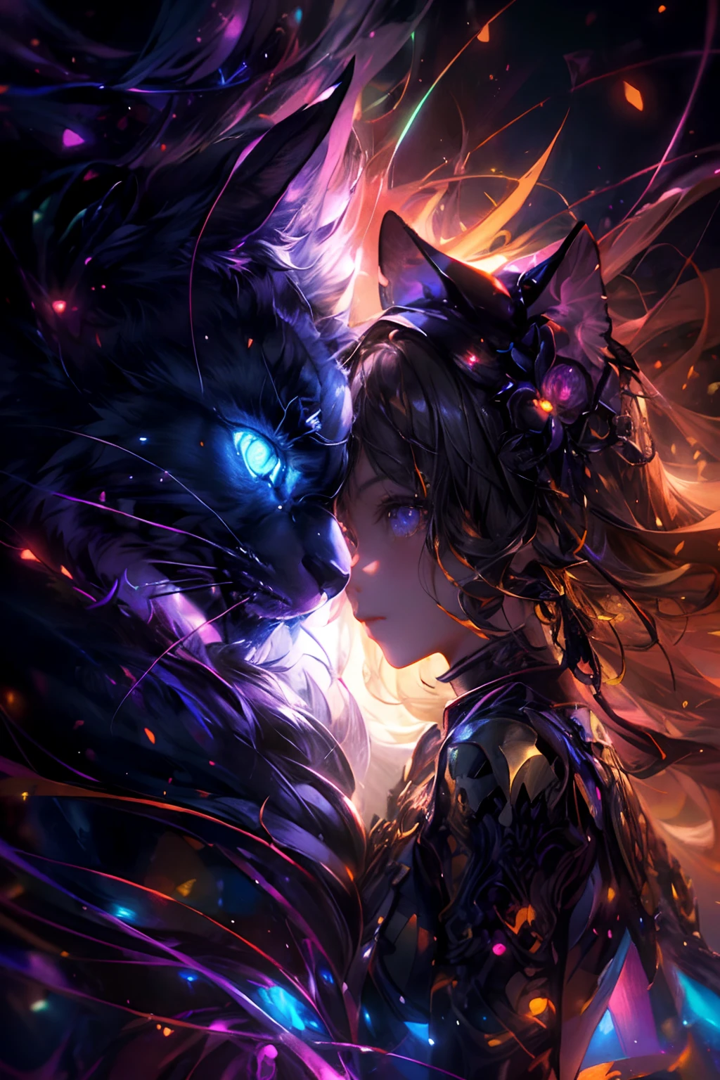 beautiful countenance、Beautiful Eyes Super Masterpiece、Insanely detailed infographic drawings of destructive machines、neons 、、Glitter cat ears、Blonde Girl Cyberpunk Vast Photography Breaktree Production Art、Fractal Art 、Lots of black and silver、Intricate purple details、Volumetric lighting、BREAK Realism(master piece: 1.2) , (Top image quality), 4K, The ultra-detailliert, (dynamic compositions: 1.4), high detailing, Colorful Detail, (Irridescent color: 1.2), (Bright lighting, Atmospheric lighting), dream-like, Magical, (独奏: 1.2)