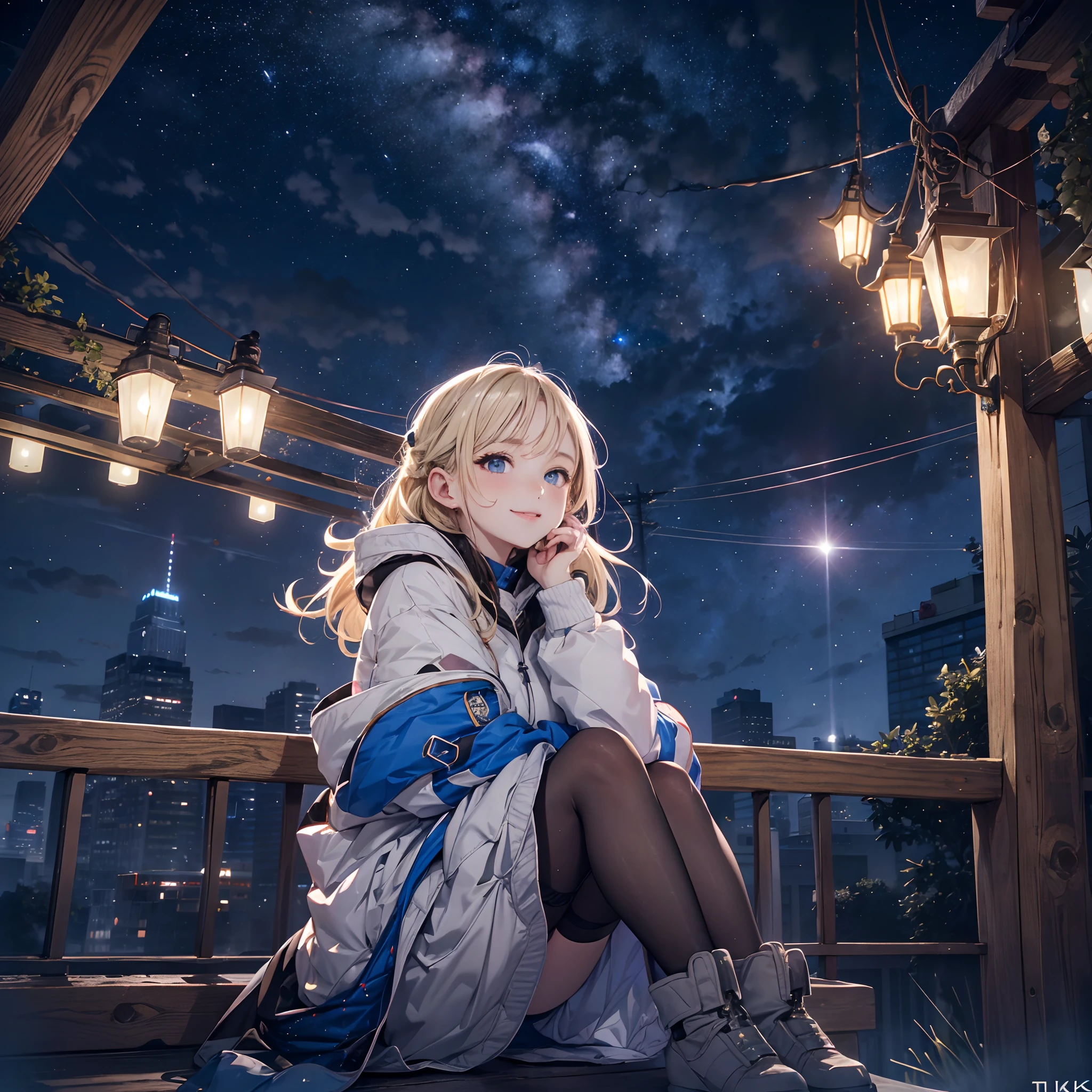 absurderes, ultra-detailliert,bright colour,(in 8K:1.3),masuter piece,extremely beautiful detailed face and eyes, 25 years old, Aurora、city light、constellation、Crescent,intergalactic,lamp post, Particles of light, long-sleeve, milkyway, natta, nigh sky, outside of house, planetes, Power lines, shooting stars, sitting on, Skysky, Skyscraper, 独奏、crouching down、Star_\(skyporn\)、starrysky、Starry Sky Print、telescopes、Winters、(Smooth straight blonde hair:1.3), (Shiny hair:1.2), Delicate beautiful face, red blush、Deep Blue Eyes, Happy smiling face,Small necklace,