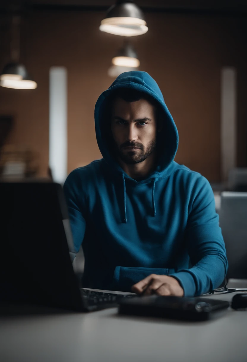 A men standing at the desk with the hoodie on him , blue with a laptop in front
