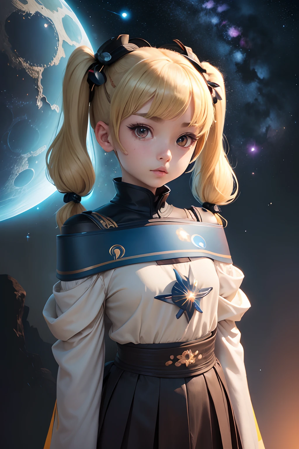 (masutepiece), (Best Quality), (Best Detail), (Distant general perspective), (Edgware Paper),(Off-the-shoulder kimono), (Secondary color: cinnamon), Very beautiful girl with sexy posture, Very detailed face, futuristic style, Western futuristic landscape, Night (many stars, Moon), shading (intergalactic,milkyway, A lot of contrast),(((Petite girl with blonde twin tails))),(((kosmos)))