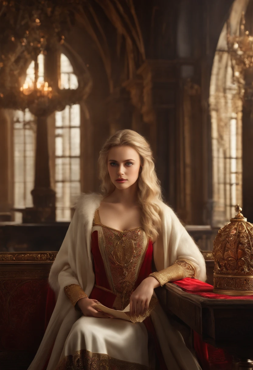 (Masterpiece: 1.2, Best Quality), Realistic, (Realistic Picture, Complex Details, Depth of Field), Best Quality, Masterpiece, Highly Detailed, Semi Realistic, 1 Girl, Mature Female, 21 Years Old, Blond Hair, Shoulder length Short Hair, Left Eye Covered with Hair, Blue Eyes, King's Clothes, Red Cloak, Slim Figure, Crown Made of Precious Gold, Reading Documents, Marking Documents, Goose Hair Pen, Office Table, Soft Bench, Palace, In the palace, during the Middle Ages naked
