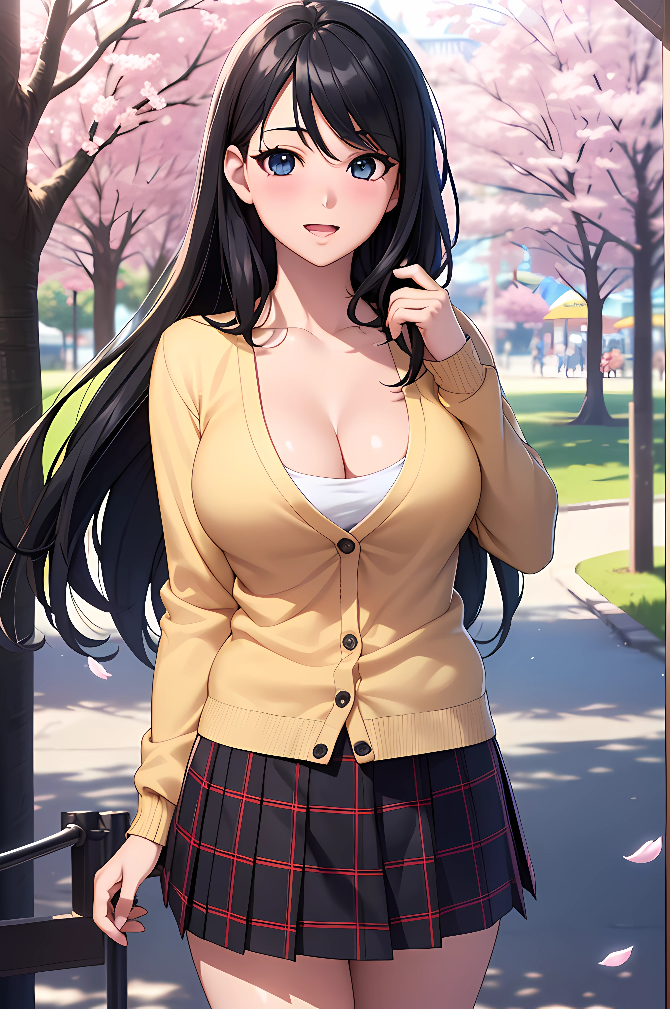 ((masterpiece, best quality, highres, UHD, perfect pixel, depth of field, 4k, RTX, HDR)), 1girl, single, solo, beautiful anime girl, official art, beautiful artstyle, anime character, ((long hair, parted bangs, black hair)), (rounded eyes, beautiful eyelashes, realistic eyes), (detailed face, blushing:1.2), (smooth texture:0.75, realistic texture:0.65, photorealistic:1.1, anime CG style), medium breasts, cleavage:0.9, pov, looking to viewer, perfect body, (white sweater, cardigan), ((black skirt:1.5, plaid skirt)), sly smile, open mouth, amusement park, outdoor, cherry blossoms