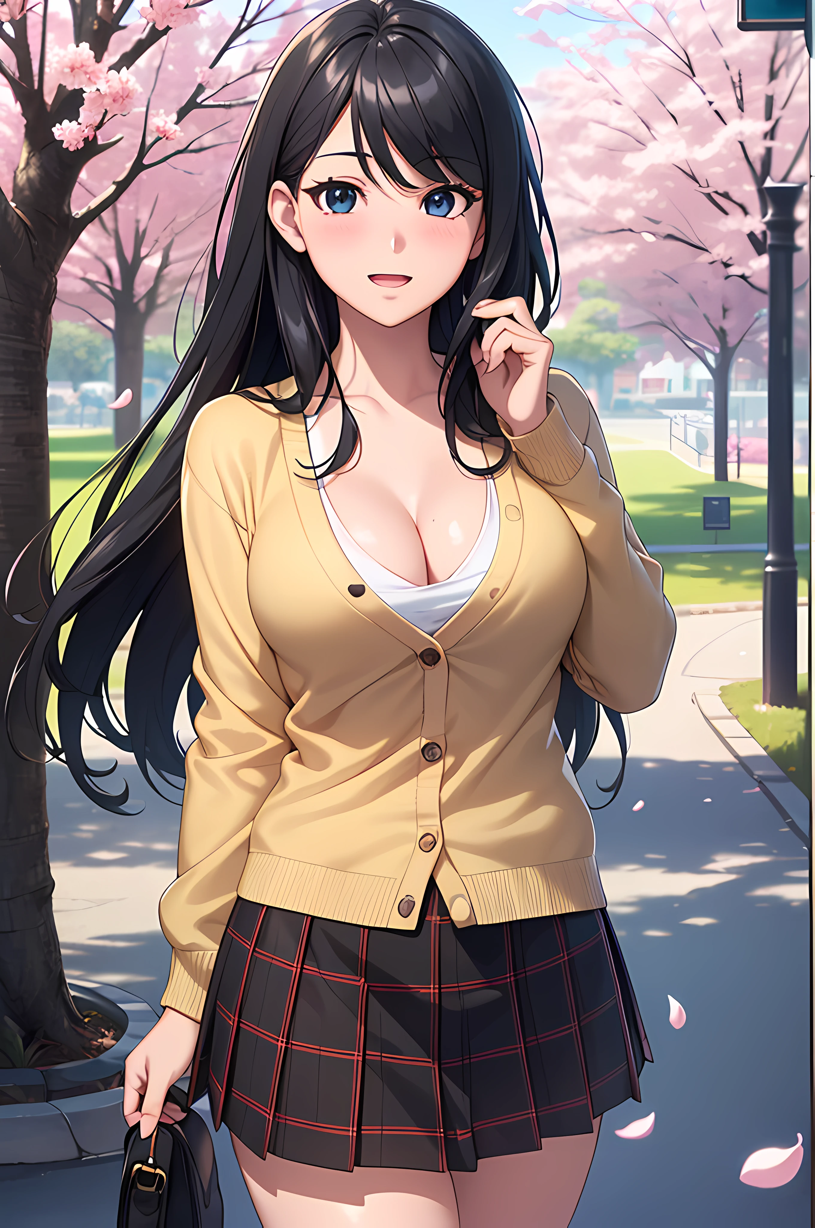 ((masterpiece, best quality, highres, UHD, perfect pixel, depth of field, 4k, RTX, HDR)), 1girl, single, solo, beautiful anime girl, official art, beautiful artstyle, anime character, ((long hair, parted bangs, black hair)), (rounded eyes, beautiful eyelashes, realistic eyes), (detailed face, blushing:1.2), (smooth texture:0.75, realistic texture:0.65, photorealistic:1.1, anime CG style), medium breasts, cleavage:0.9, pov, looking to viewer, perfect body, (white sweater, cardigan), ((black skirt:1.5, plaid skirt)), sly smile, open mouth, amusement park, outdoor, cherry blossoms