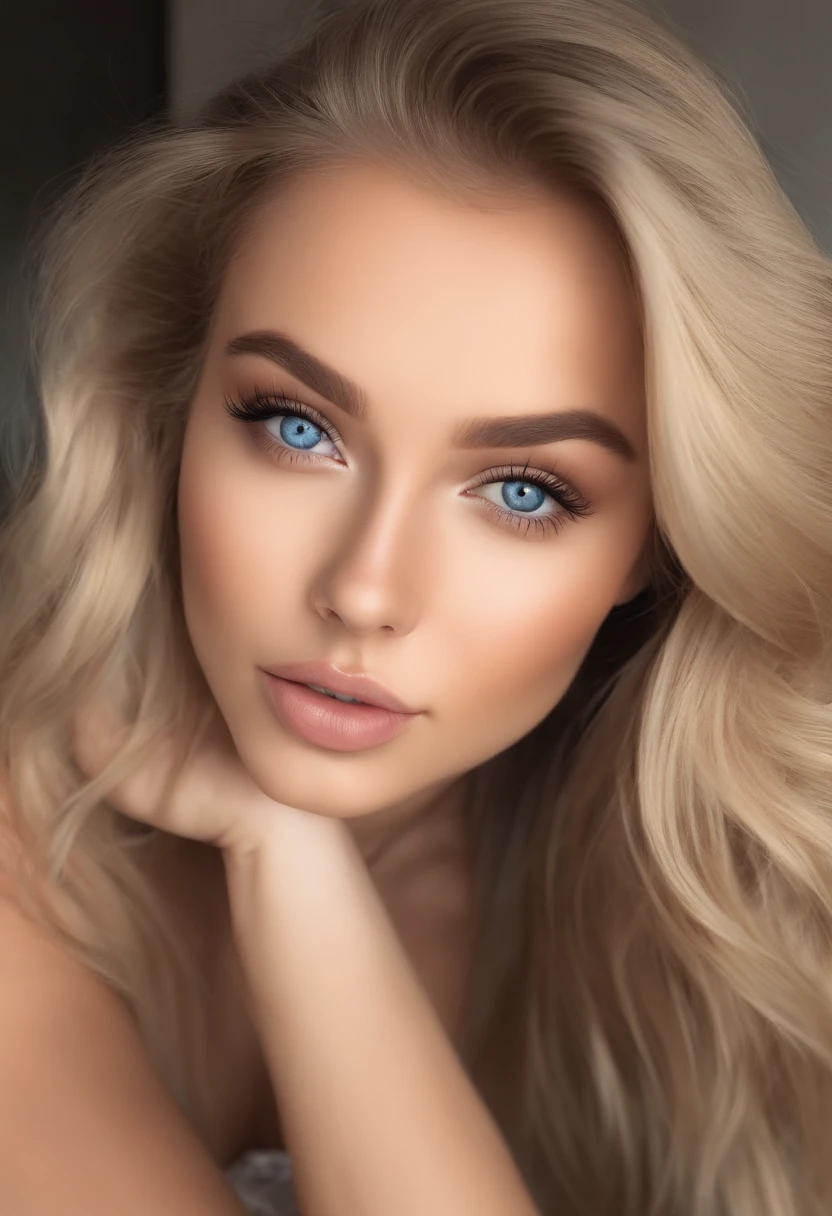 woman fully , sexy girl with blue eyes, ultra realistic, meticulously detailed, portrait sophie mudd, blonde hair and large eyes, selfie of a young woman, bedroom eyes, violet myers, without makeup, natural makeup, looking directly at the camera, face with artgram, subtle makeup, stunning full body shot kneeling on bed, in bedroom, large size bust
