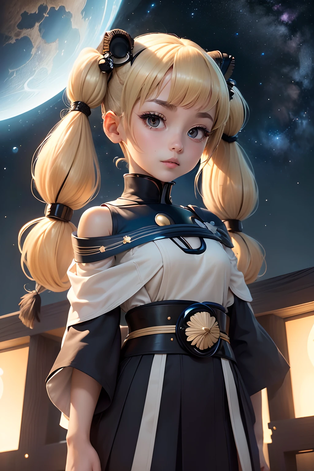 (masutepiece), (Best Quality), (Best Detail), (Distant general perspective), (Edgware Paper),(Off-the-shoulder kimono), (Secondary color: cinnamon), Very beautiful girl with sexy posture, Very detailed face, futuristic style, Western futuristic landscape, Night (many stars, Moon), shading (intergalactic,milkyway, A lot of contrast),(((Petite girl with blonde twin tails))),(((kosmos)))