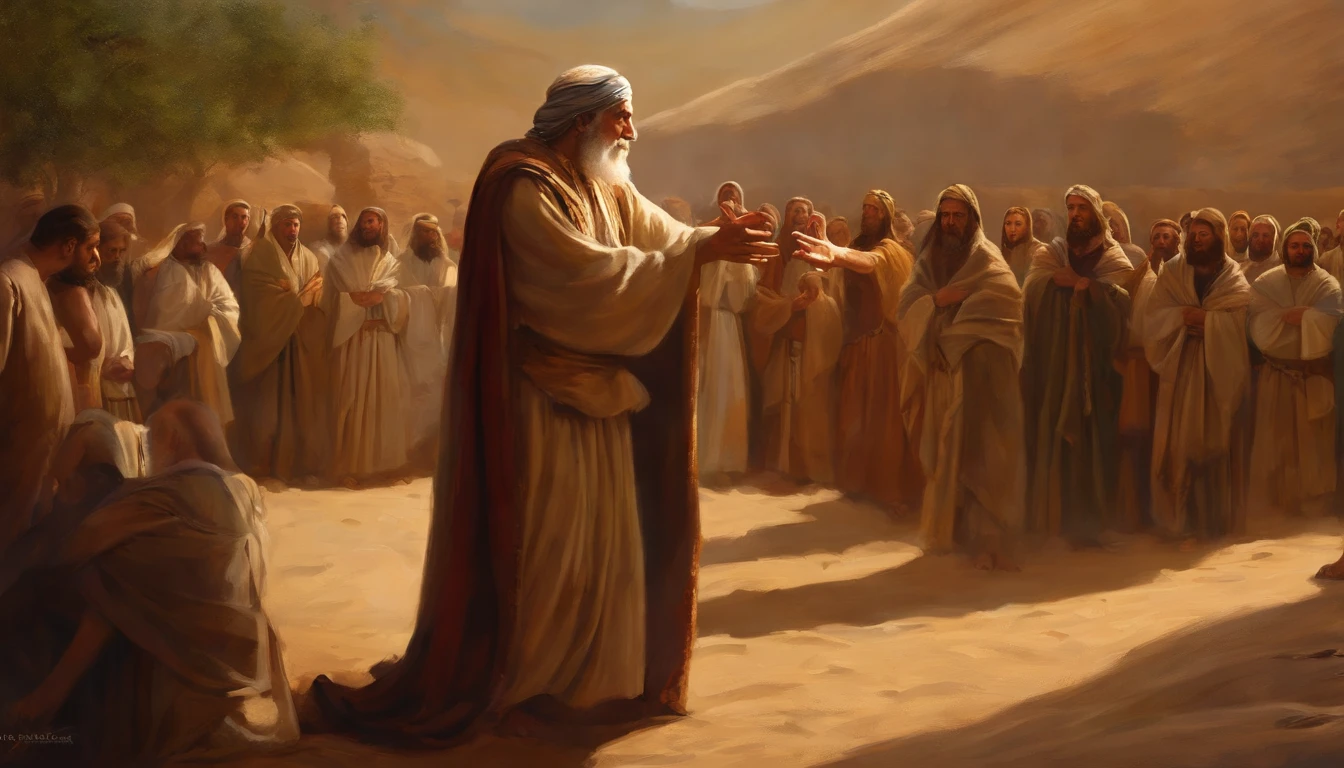 Jeremiah,Calling the Israelites to repent, The cry of the prophet,Gatherings in large groups, papyrus,Weathered parchment,Old gown,,History reference,High-quality artwork and details,Realistic portrait style,subtle color palette,vibrant background,Natural textures,Deep Shadows,subtle highlights,Historical accuracy,Attention to detail,Emotional depth and strength,authentic expression,Thought-provoking,Spiritual atmosphere,Ancient sense of wisdom,Deep impact