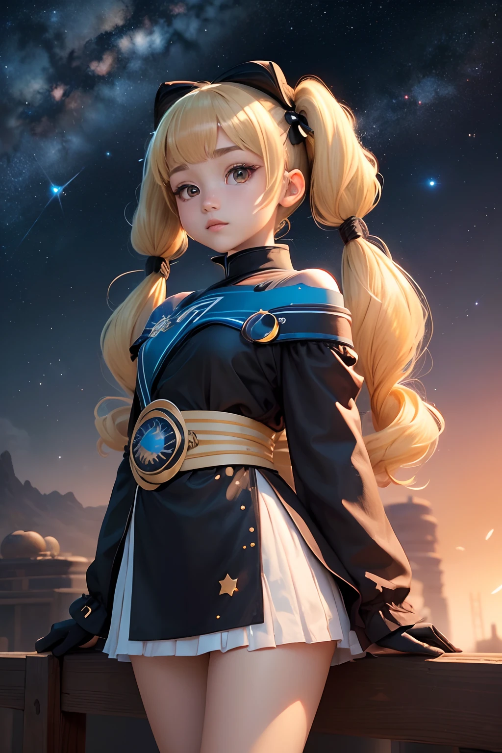 (masutepiece), (Best Quality), (Best Detail), (Distant general perspective), (Edgware Paper),(Off-the-shoulder kimono), (Secondary color: cinnamon), Very beautiful girl with sexy posture, Very detailed face, futuristic style, Western futuristic landscape, Night (many stars, Moon), shading (intergalactic,milkyway, A lot of contrast),(((Petite girl with blonde twin tails))),(((kosmos)))