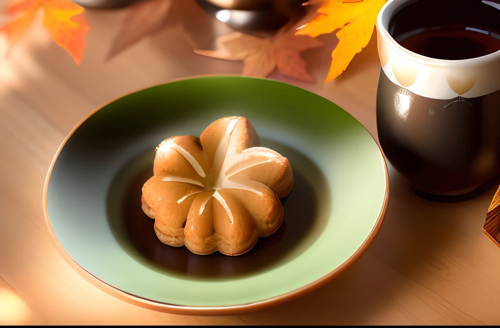 A black plate with maple buns is in the center. A teacup with green tea is served on the right. On the other side of the dish is, Autumn maple leaves are placed. Maple bun is, It is a kind of baked goods with bean paste, Bake dough like castella, has a shape like a maple leaf. foodphoto