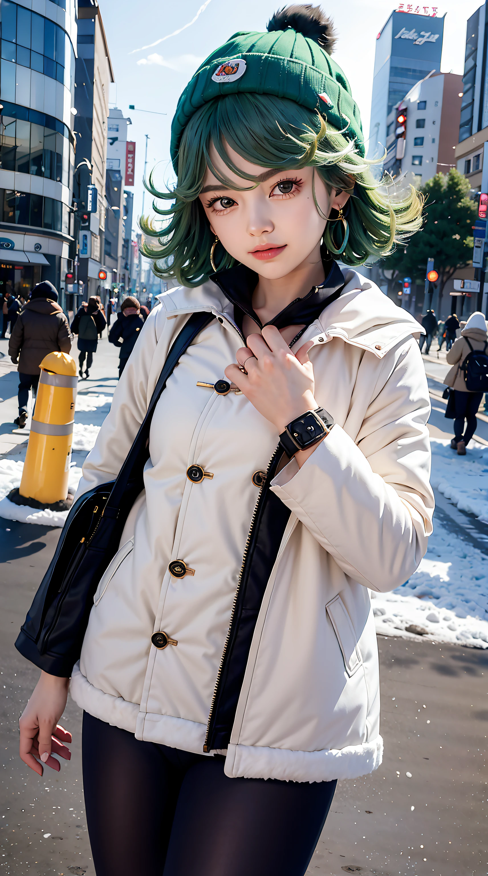 tatsumaki, green hair, perfect body, perfect breasts, wearing a beanie, wearing a winter jacket, wearing a duffle coat, carrying a bag, wearing a watch, wearing earrings, in public, creatures in Tokyo city, on the street, snow in road, it's snowing, looking at the viewer, a slight smile, realism, masterpiece, textured skin, super detail, high detail, high quality, best quality, 1080p, 16k