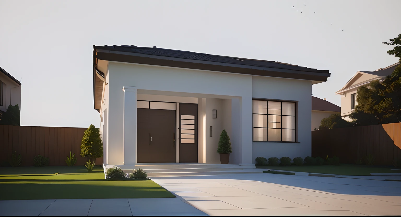 There is a small white house with a brown door and a brown door, lumion rendering, high-quality render, renderizado no lumion pro, Photorealistic rendering, estilo realista, semi-realistic rendering, neotradicional moderno, fully detailed render, estilo fotorrealista, realism rendering, renderizado, professional render, high-quality render, architectural 3 d render, photorealistic render