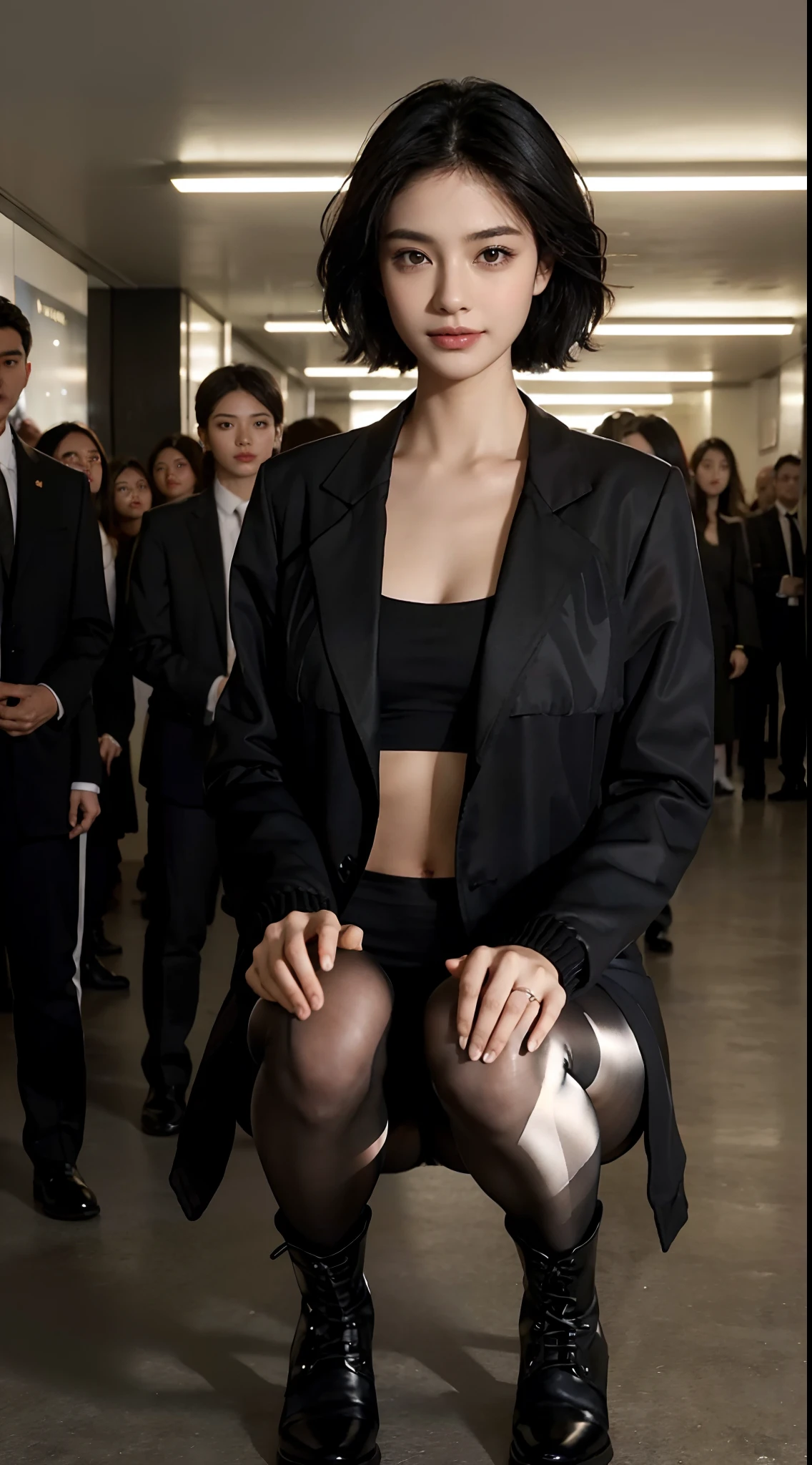 (shoulder length straight short black hair: 1.3), （Extremely meticulous CG 8k wallpaper），（Extremely refined and beautiful），（Masterpiece），（best qualtiy：1.0），（Ultra High Resolution：1.0），beautiful light up，Perfect lightning，realistic shaded，[A high resolution]，Smooth and flawless fair skin，Extremely exquisite facial details，（perfect body：1.1），ultra - detailed，A beautiful girl，small head,(Small breasts:1.1)，Flat chests，slim，thin，Smile，cheerfulness,(black jacket:1.5),(black pantyhose:1.3),Slender legs,(Black military boots:1.2)Dusk,Sunset light,Close Shot,(Surrounded by a crowded crowd:1.5),At the school gate,squatting,(Well-cut abdominal muscles:1.2),cowboy shot