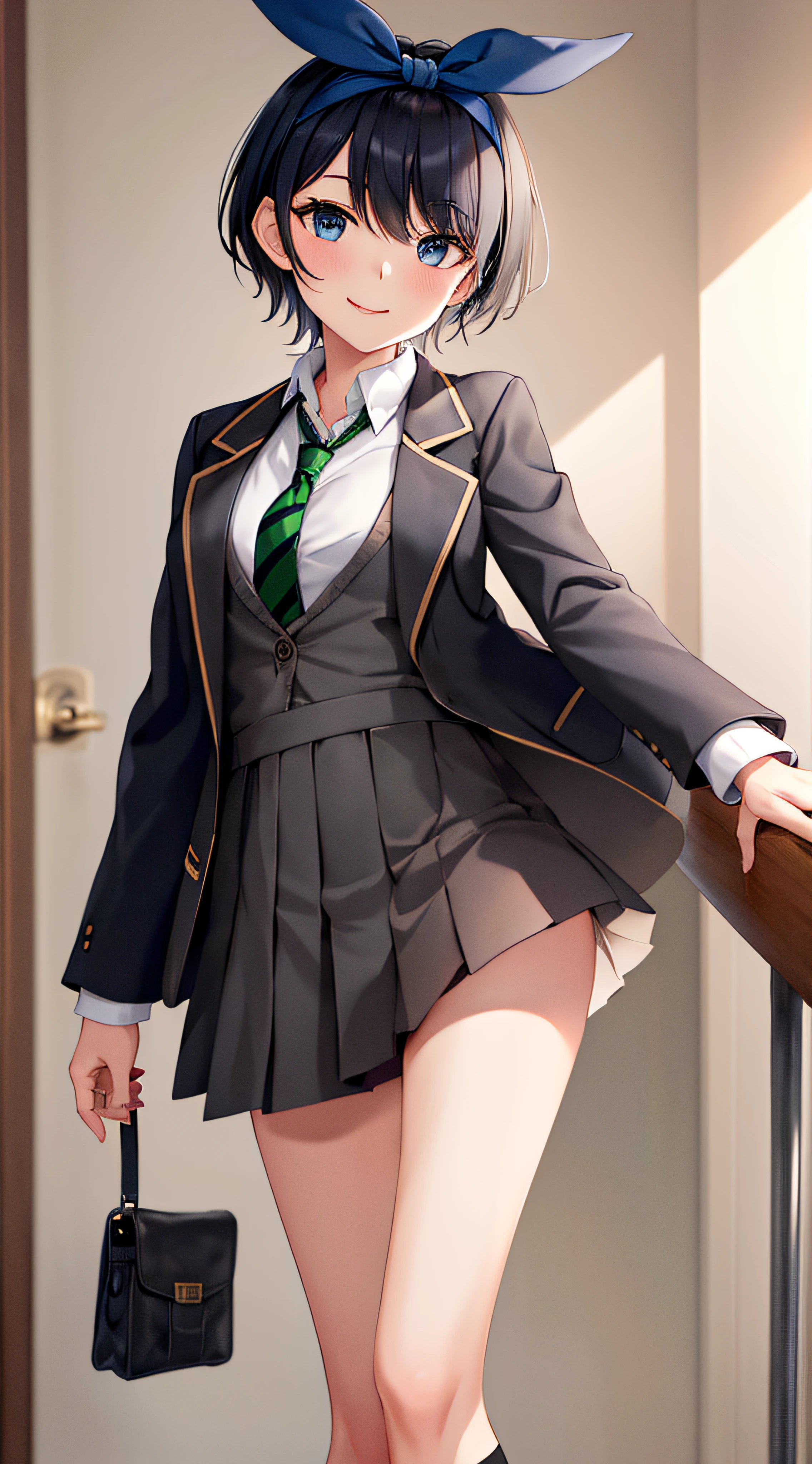 masterpiece, best quality, highres, 1girl, solo, skirt, jacket, shirt, blue eyes, white shirt, necktie, green necktie, black hair, pleated skirt, socks, diagonal-striped necktie, open jacket, open clothes, striped necktie, collared shirt, black jacket, black skirt, striped, blazer, short hair, long sleeves, bangs, school uniform, black socks, diagonal stripes, hairband, hair ribbon, ribbon, blue hairband, dress shirt, bow,  cowboy shot, smile,