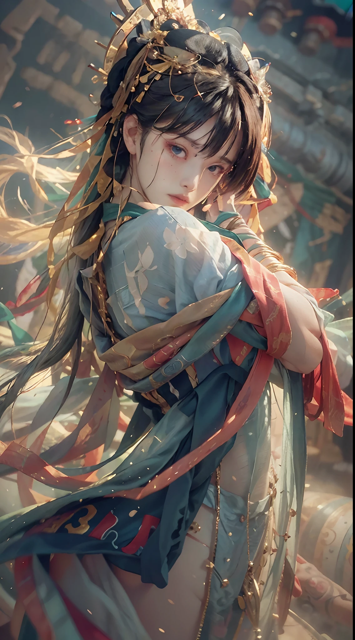 (RAW photo, best quality), (realistic, photo-realistic:1.3),best quality,highly detailed,masterpiece,ultra-detailed,illustration,1girl,upper_body,dynamic angle,world masterpiece theater,messy_long_hair,best quality,extremely detailed CG unity 8k wallpaper,ink,Amazing,cinematic lighting,lens_flare,,dunhuang_style