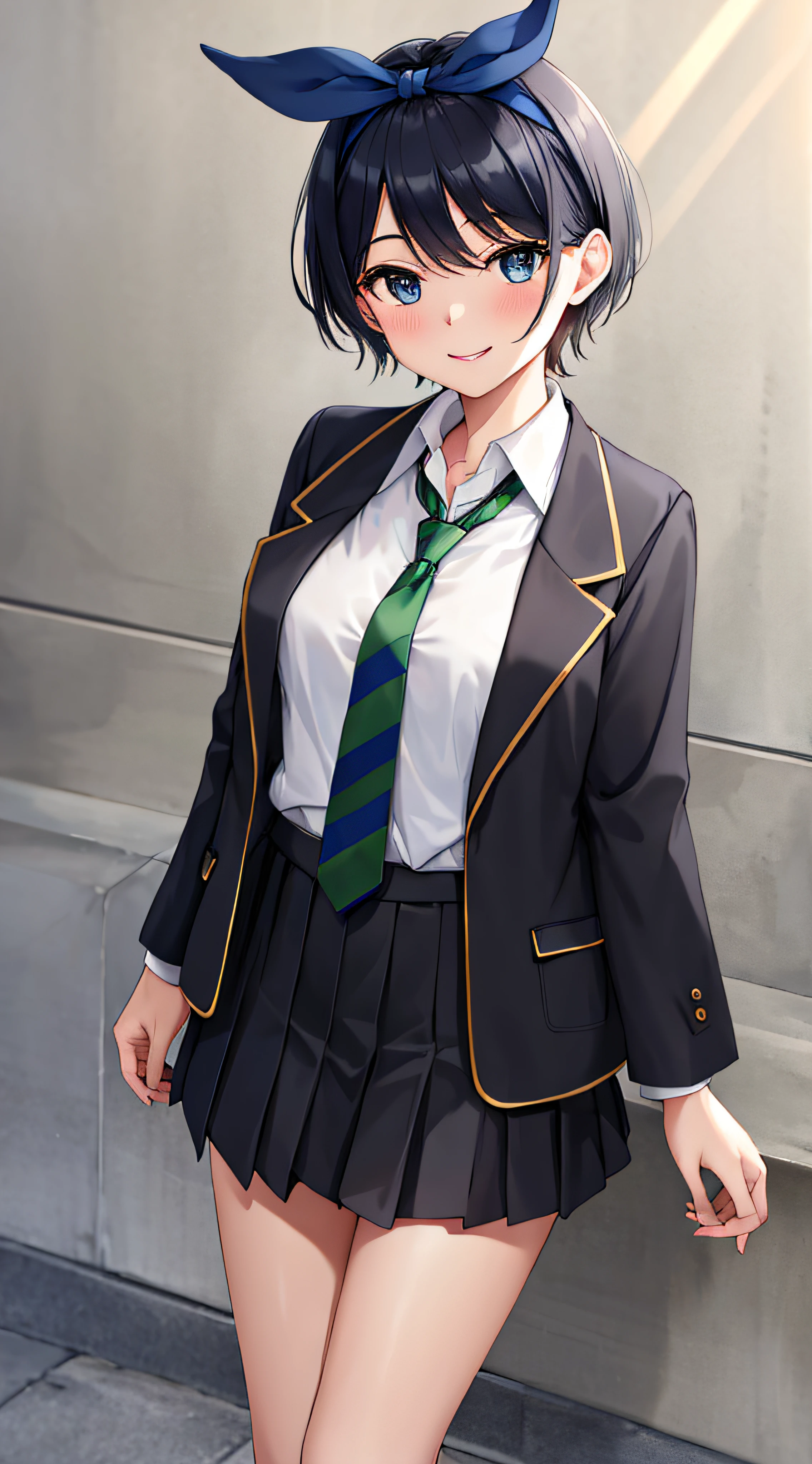 masterpiece, best quality, highres, 1girl, solo, skirt, jacket, shirt, blue eyes, white shirt, necktie, green necktie, black hair, pleated skirt, socks, diagonal-striped necktie, open jacket, open clothes, striped necktie, collared shirt, black jacket, black skirt, striped, blazer, short hair, long sleeves, bangs, school uniform, black socks, diagonal stripes, hairband, hair ribbon, ribbon, blue hairband, dress shirt, bow,  cowboy shot, smile,