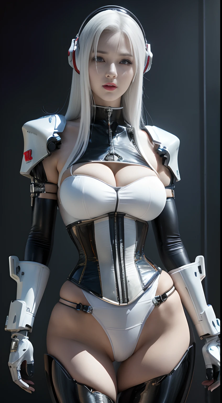 photorealistic, high resolution, 1women, mature female, solo, hips up, robot, mecha musume,mechanical parts, robot joints,single mechanical arm, headgear, mecha corset, full armor, white hair