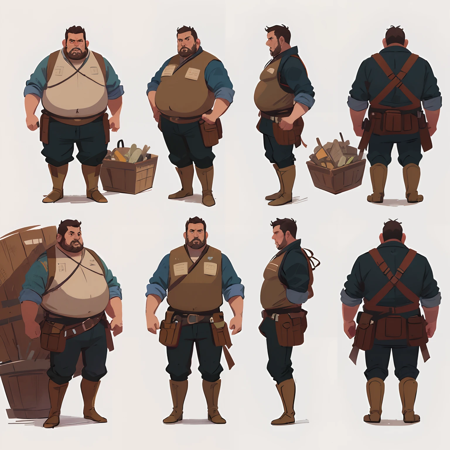 Anime style, (((Close-up of male warrior in heavy armor))),((concept art of character)),((((CharacterDesignSheet、Same role、frontage、Lateral face、on back)))),Character art for medieval fantasy world stories,Mature middle-aged male uncle,Wide upper body,Brown hair,expert high detail concept art,interesting character design,A middle-aged male warrior in a Middle World fantasy world,((Middle-aged male uncle)),White basemap,character design drawing, concept-art, Boots, Black pants(((((fat guy)))))