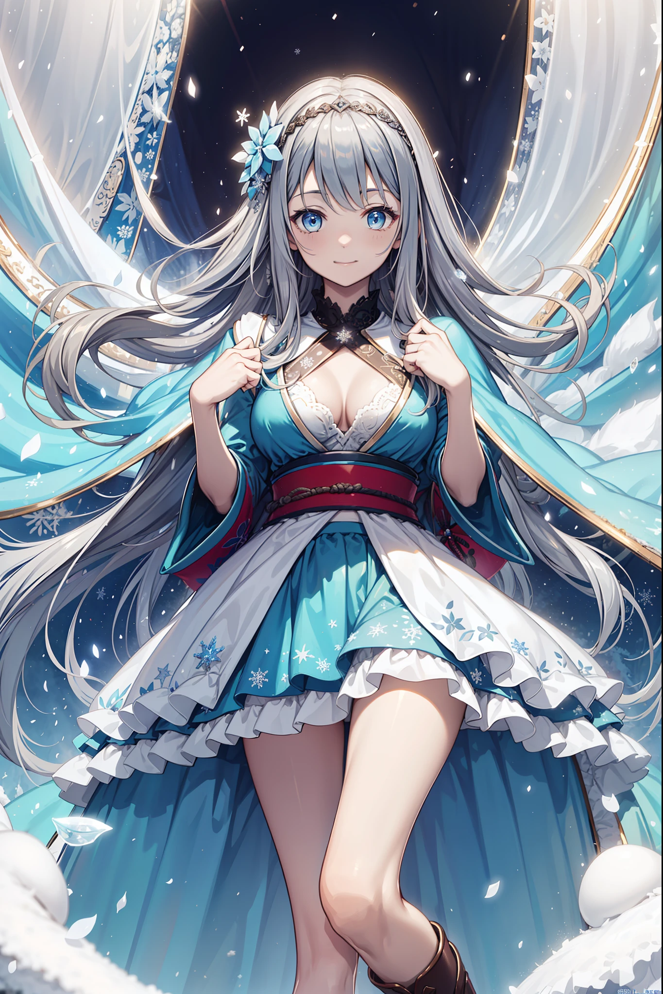 Saint人,Saint,Having fun,El Salvador,(White translucent soft skirt:1.2),Black suspender boots,(Silver Hair:1.2),blue eyes,(Ice decoration on head),Light blue pattern,Light blue edges,Minimalism,Ruffles,Lace,Exquisite embroidery,Beautiful Pattern,(Dress nicely),Transparent clothes,The Japanese palace is in the background,Snowflakes flying,(Snowflakes in the dark:1.2),only,Beautiful and delicate face,Sexy pose