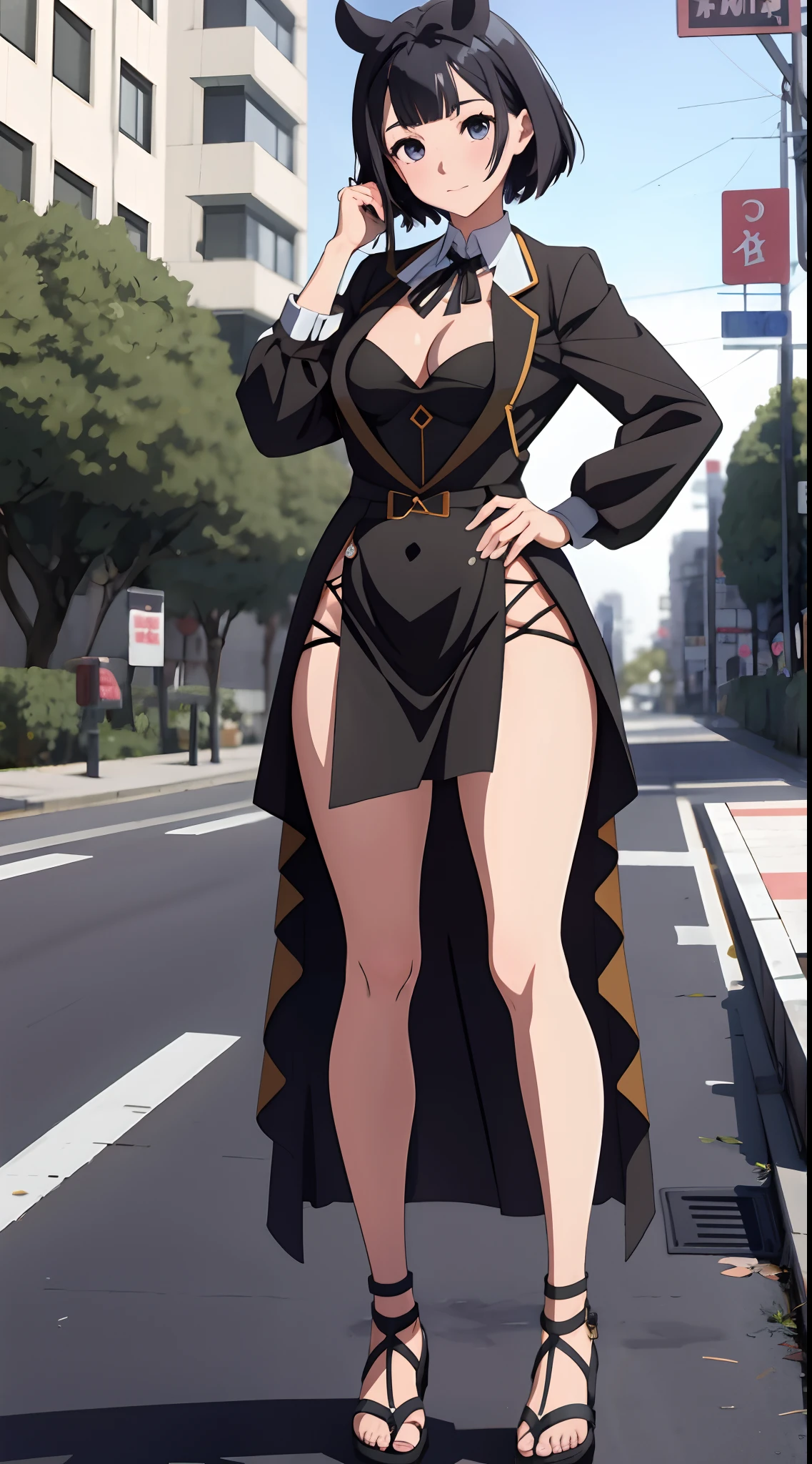 uma imagem de Estilo anime de uma mulher, Kozue Matsumoto, cabelo comprido, cabelo castanho, em um top rosa e calcinha preta, Oppai proportions, thicc, Kozue Matsumoto is in his natural pose, anime full body illustration, conceito de corpo inteiro, CEL - Estilo Arte Sombreada, hands behind her body pose!, corpo inteiro!!, menina anime sedutora, full body in sight, personagem, Kozue Matsumoto, Estilo anime, olhos rosa escuro, olhos detalhados, Estilo de Arte Sombreado, foco.