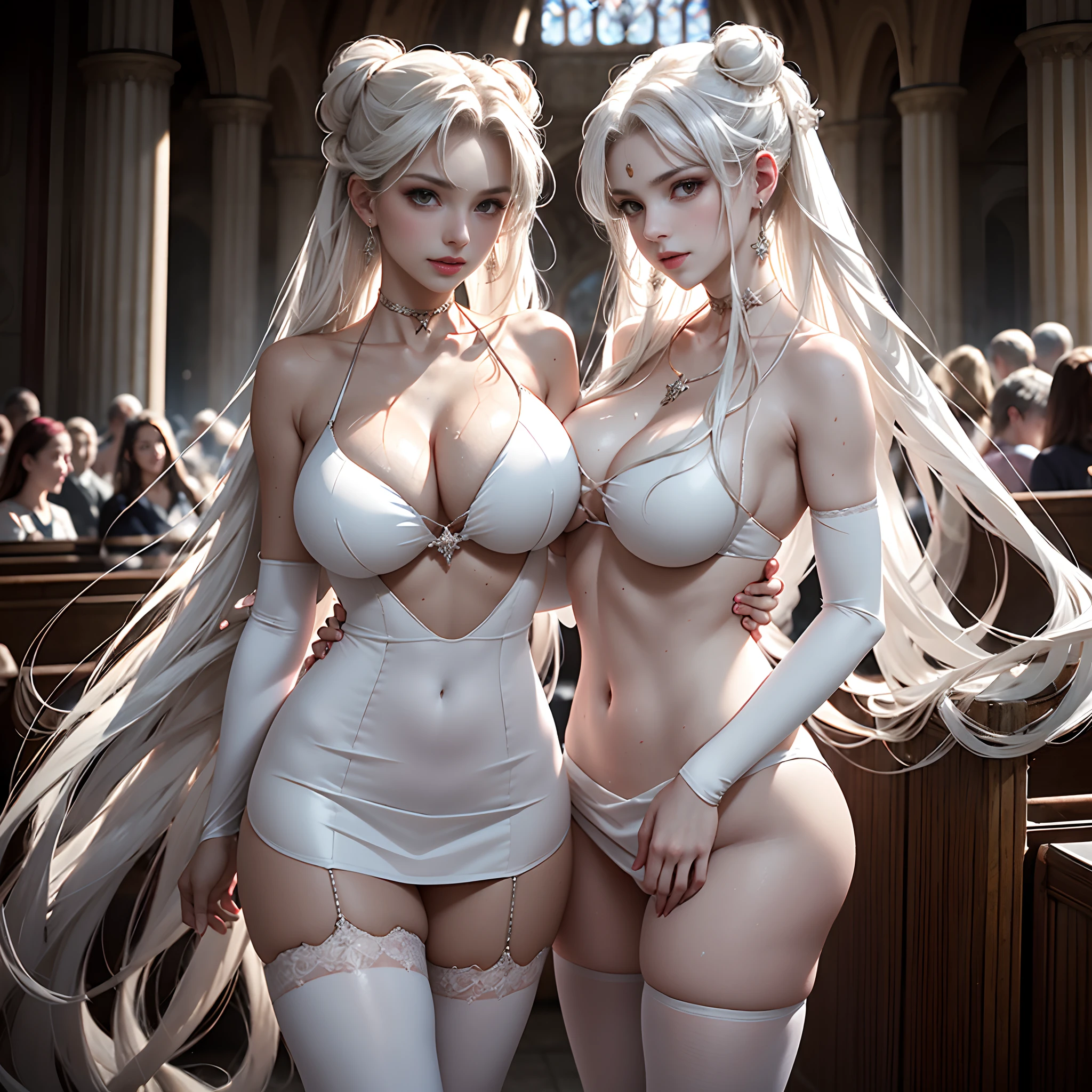 （8K，tmasterpiece：1.2），（Hyper-detailing，Raised sexy），（ssmile：1.1），（（wavy white long hair）：1.3，beatiful detailed eyes，Light makeup，choker necklace，ear jewelry，Pink and moist lips，full body shot of），Clear sky，and the sun was shining brightly，Two sexy women，Red eyes，In the church，（Lots of cool girls），Absurd long white hair，ssee-through，drenched clothes，Sexy women's miniskirt，white stockings，Cocked buttocks，（（huge tit，Stretch meat，Fair and moisturized skin）），Be dignified and religious，），（The atmosphere is ambiguous，misty background，a fairy world：1.2），（long  white hair）