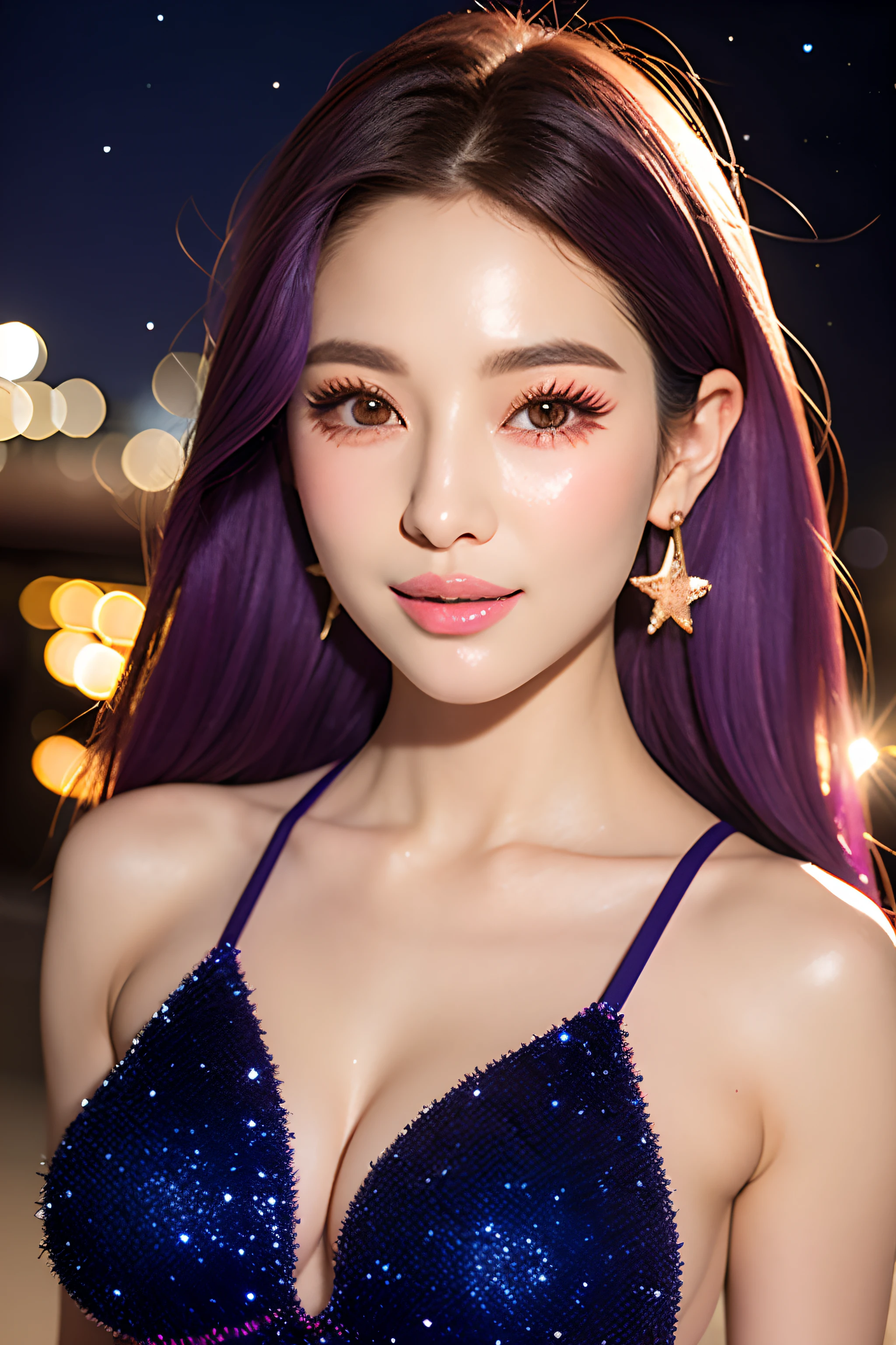 (8K, nffsw, hight resolution), ((((Hyper-Realism, masutepiece, Best Quality, 超A high resolution)))), (Pin Light, Cinematic Light), (Hyper Detail, Finely detailed),
magical realism, Movie Still, Cowboy Shot,
((((In a starlit night, sparkling stars, Beach Sidebar)))),
((((Dressed in beachwear, Hold a cocktail)))),
hair flaps, Large breasts:0.5, Natural breasts:0.5, (Slim waist, wide-hips:1.2, Large pelvis:1.4), (hip_ass hole up), (Thick thighs and legs), oiledwet:1.4,
((Detailed beautiful face)), (Perfect eyes, Detailed eyes), (detailed facial features), Beautiful and clear eyes, detail eye pupil, lipgloss, (Eyelashes:1.4), detailed hairs, (((Hair over one eye))), Glossy, Perfect hands,
Ecstasy_Face, (Korean:1.4, Japanese:1.3), Tight, Cameltoe, Purple hair, big areolae,
Crescent Earrings, Muska,
pureerosface_v1:0.5,