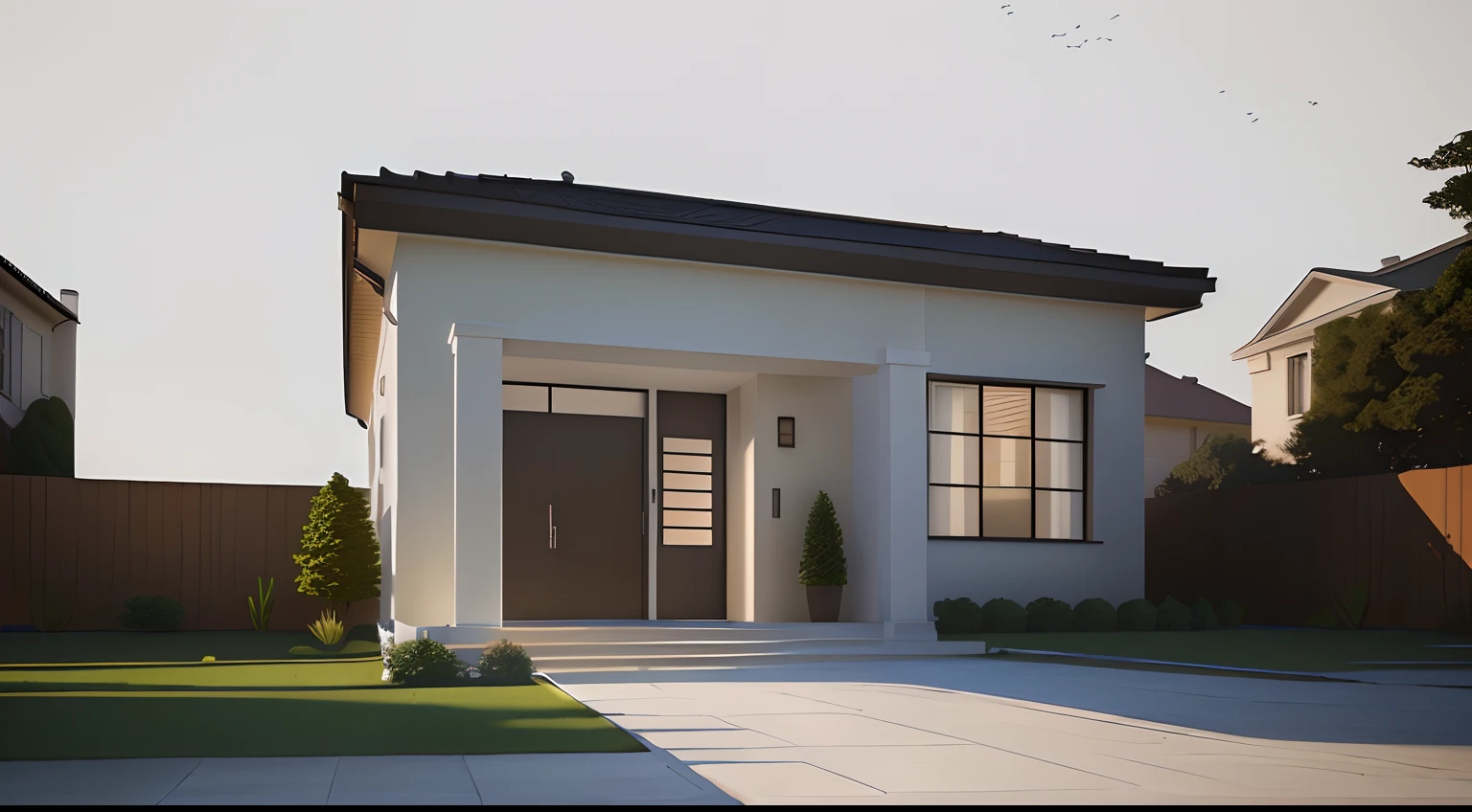 There is a small white house with a brown door and a brown door, lumion rendering, high-quality render, Renderizado no Lumion Pro, Photorealistic rendering, Estilo realista, semi-realistic rendering, Neotradicional moderno, fully detailed render, Estilo fotorrealista, realism rendering, renderizado, professional render, high-quality render, architectural 3 d render, photorealistic render