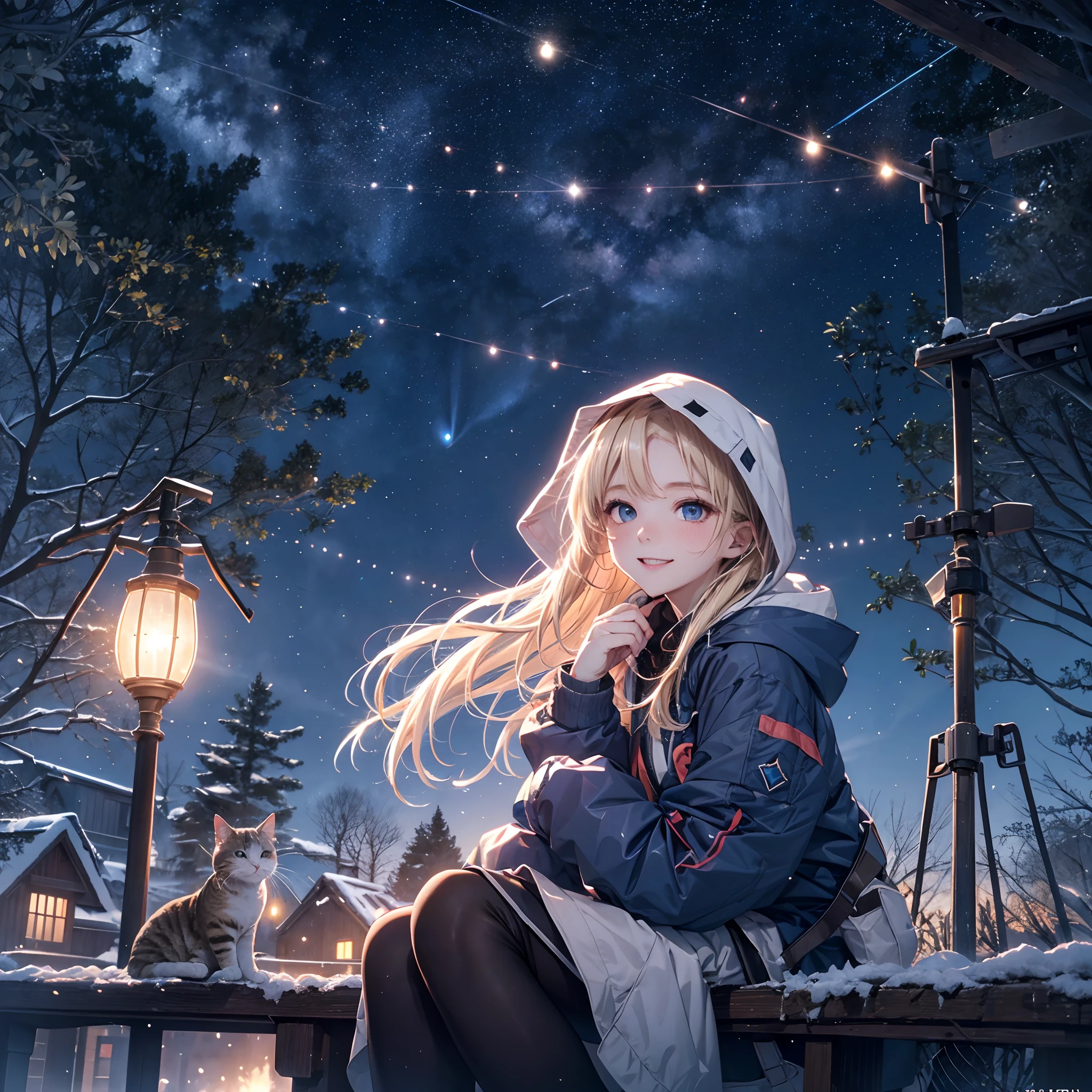 absurderes, ultra-detailliert,bright colour,(in 8K:1.3),masuter piece,extremely beautiful detailed face and eyes, 25 years old,(Smooth straight blonde hair:1.3), (Shiny hair:1.2), Delicate beautiful face, red blush、Deep Blue Eyes, Happy smiling face,Small necklace,Aurora、A dark-haired、camera、camp fire、city light、constellation、Crescent、planet earth_\(planetes\)、intergalactic, hoods, Hood down, hooded jacket, lamp post, Particles of light, length hair, long-sleeve, milkyway, natta, nigh sky, outside of house, planetes, Power lines, shooting stars, sitting on, Skysky, Skyscraper, Yuki, snowfall, 独奏、crouching down、Star_\(skyporn\)、starrysky、Starry Sky Print、telescopes、The tree、evening、Winters、Cats