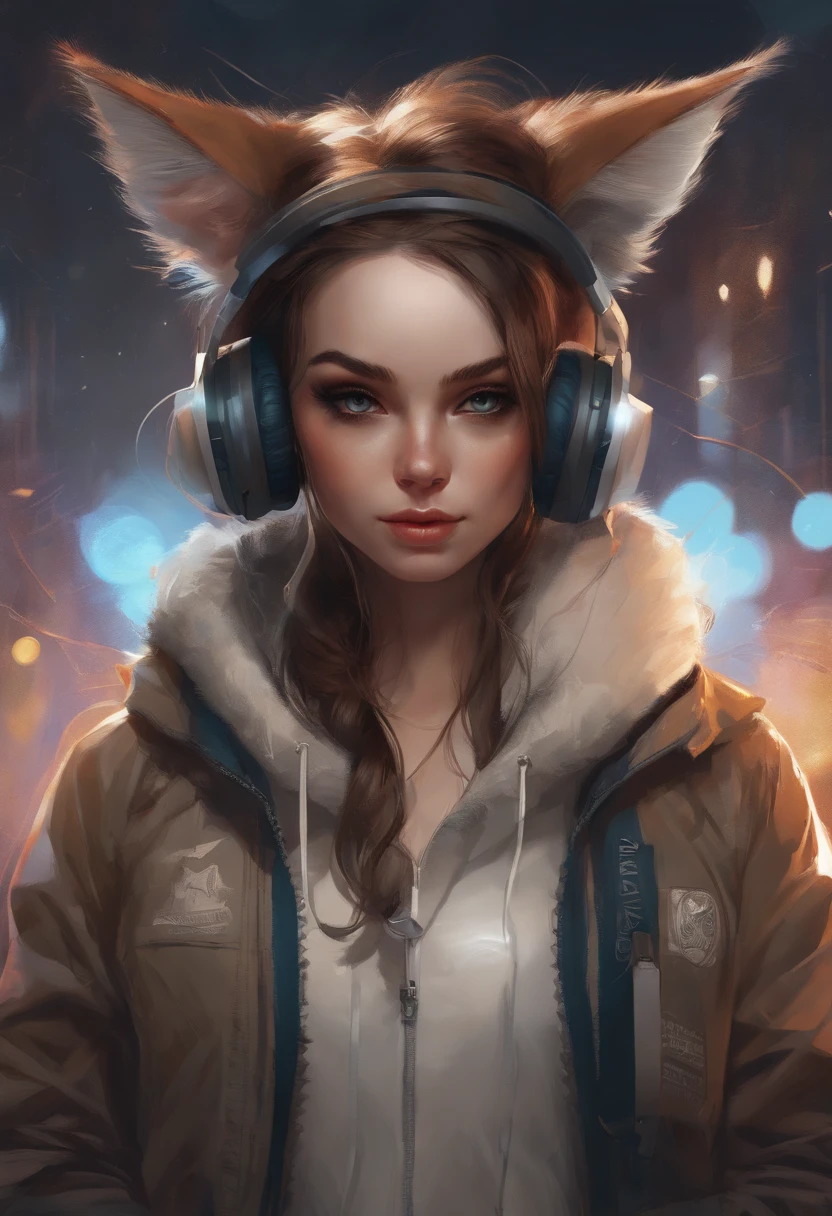 Perfect centering, A cute kitten all over, Wear a student jacket, Wearing sunglasses, Wearing headphones, Standing position, Abstract beauty, Centered, Looking at the camera, Facing the camera, nearing perfection, Dynamic, Moonlight, Highly detailed, Digital painting, art stations, concept-art, smooth, Sharp focus, 8K, high definition resolution, illustration, Art by Carne Griffiths and Wadim Kashin, White background